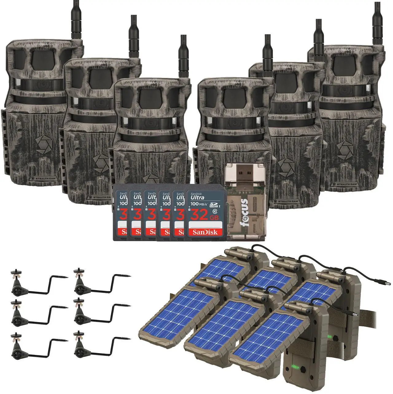 Main image of Stealth Cam Revolver 40MP Pro 360-Degree Cellular Trail Camera (6-Pack) Bundle with Solar Power Panel(6-Pack), Trail Camera Holder (6-Pack), 32GB Memory Card (6-Pack), and Card Reader (25 Items)