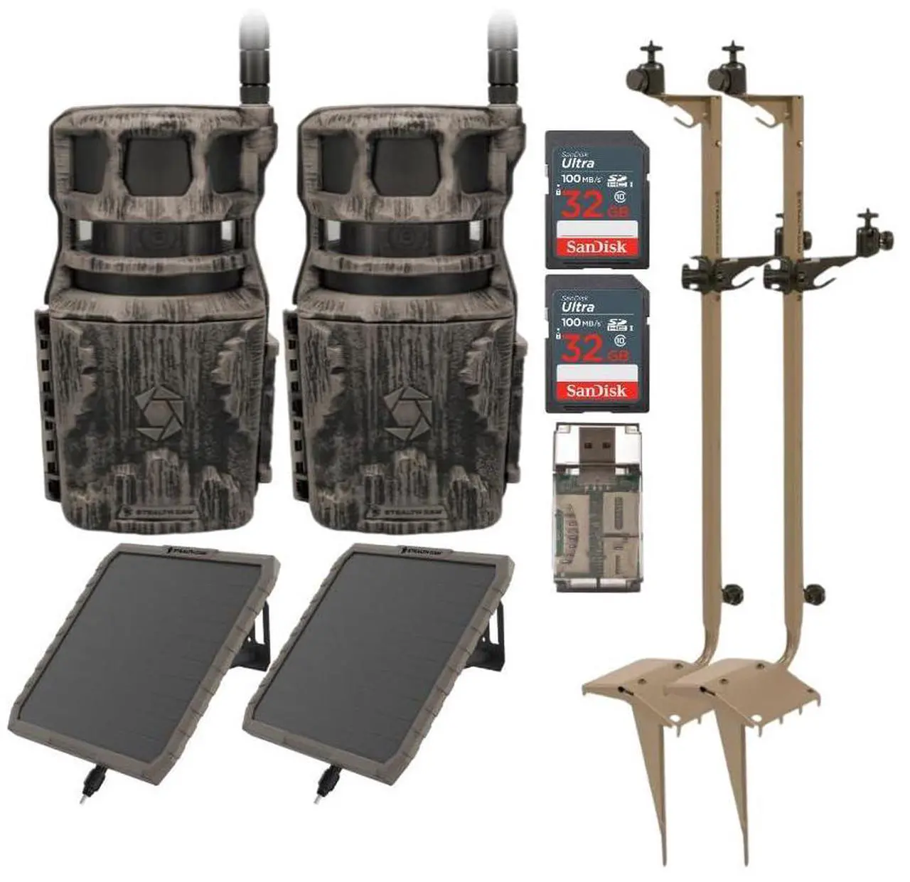 Main image of Stealth Cam Revolver 40MP Pro 360 Degree Cellular Trail Camera (2-Pack) Bundle with Mounting Post (2-Pack), FieldMAX Solar Battery (2-Pack), 32GB Memory Card (2-Pack) and Card Reader (9 Items)