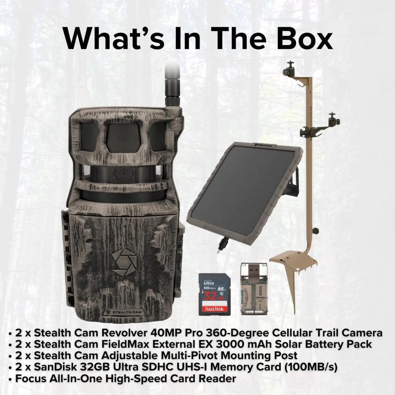 Alt view image 6 of 7 - Stealth Cam Revolver 40MP Pro 360 Degree Cellular Trail Camera (2-Pack) Bundle with Mounting Post (2-Pack), FieldMAX Solar Battery (2-Pack), 32GB Memory Card (2-Pack) and Card Reader (9 Items)