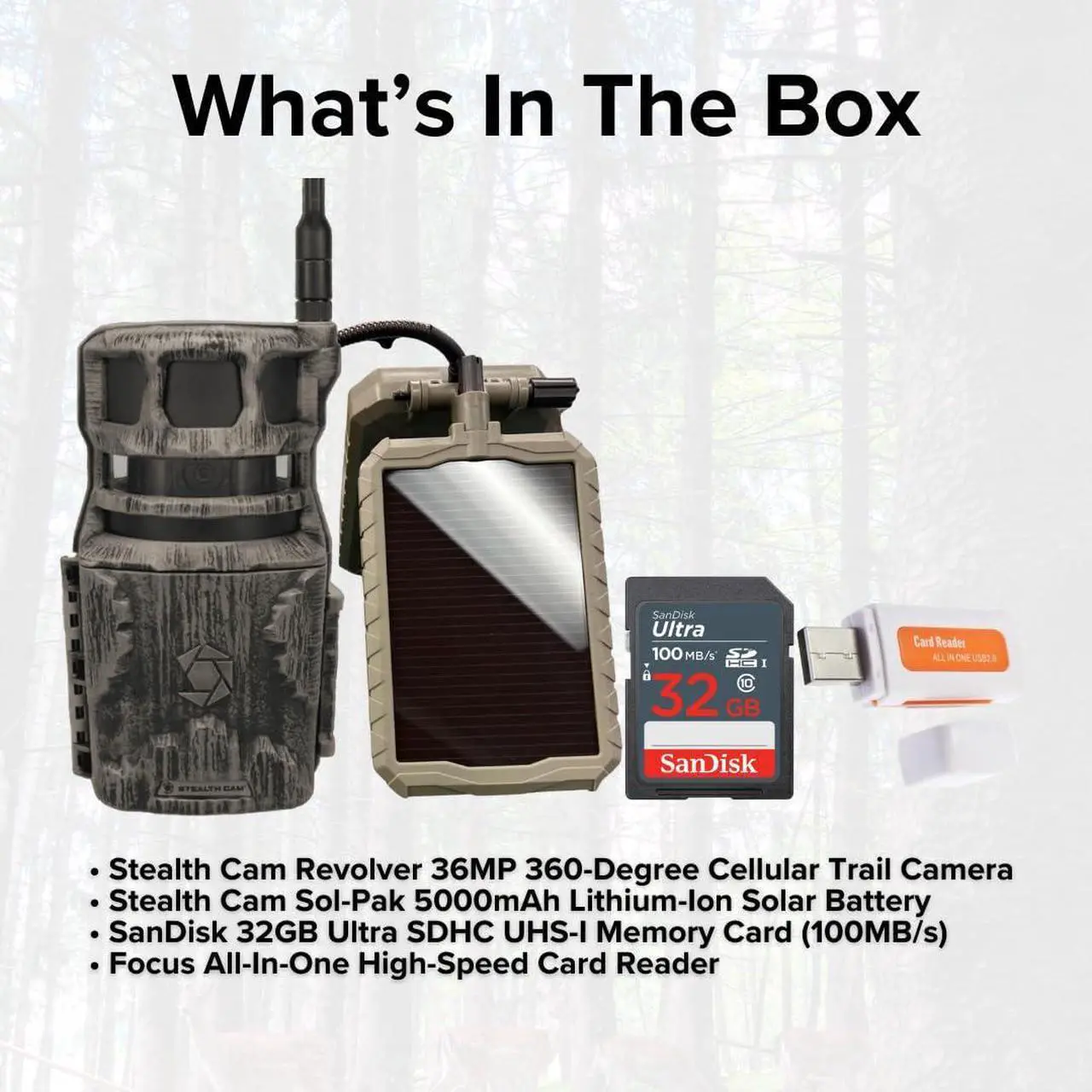 Alt view image 6 of 7 - Stealth Cam Revolver 36MP 360-Degree Cellular Trail Camera with 1/4-Inch Threaded Mount Bundle with Stealth Cam Sol-Pak 5000mAh Solar Battery, 32GB Memory Card, and Card Reader (4 Items)