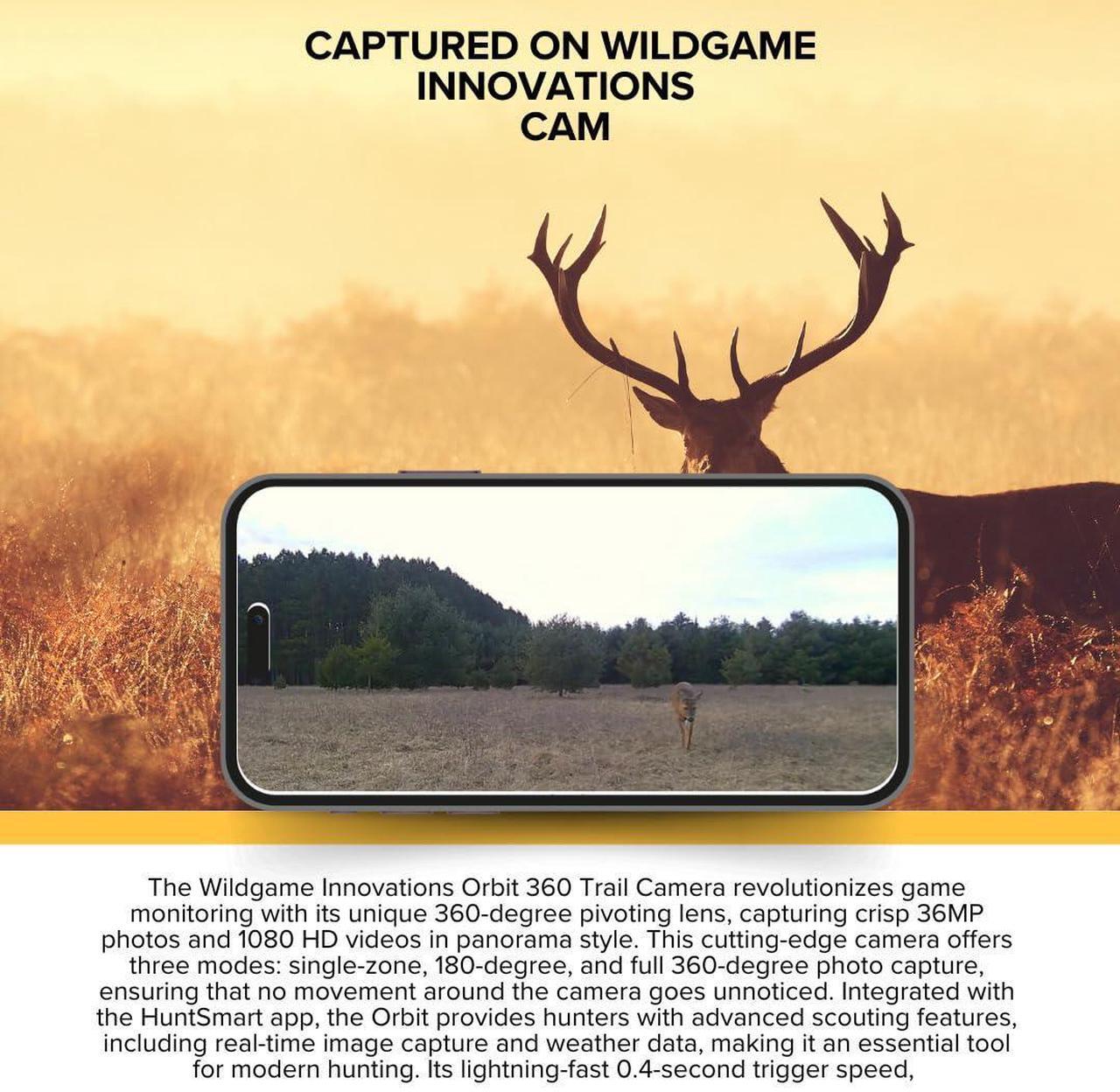 Alt view image 3 of 7 - Wildgame Innovations Orbit 360-Degree Trail Camera with 36MP Image Quality and 1080p Video Bundle with 5400mAh Battery Pack, 3000mAh Battery Pack, 32GB Memory Card, and Card Reader (5 Items)