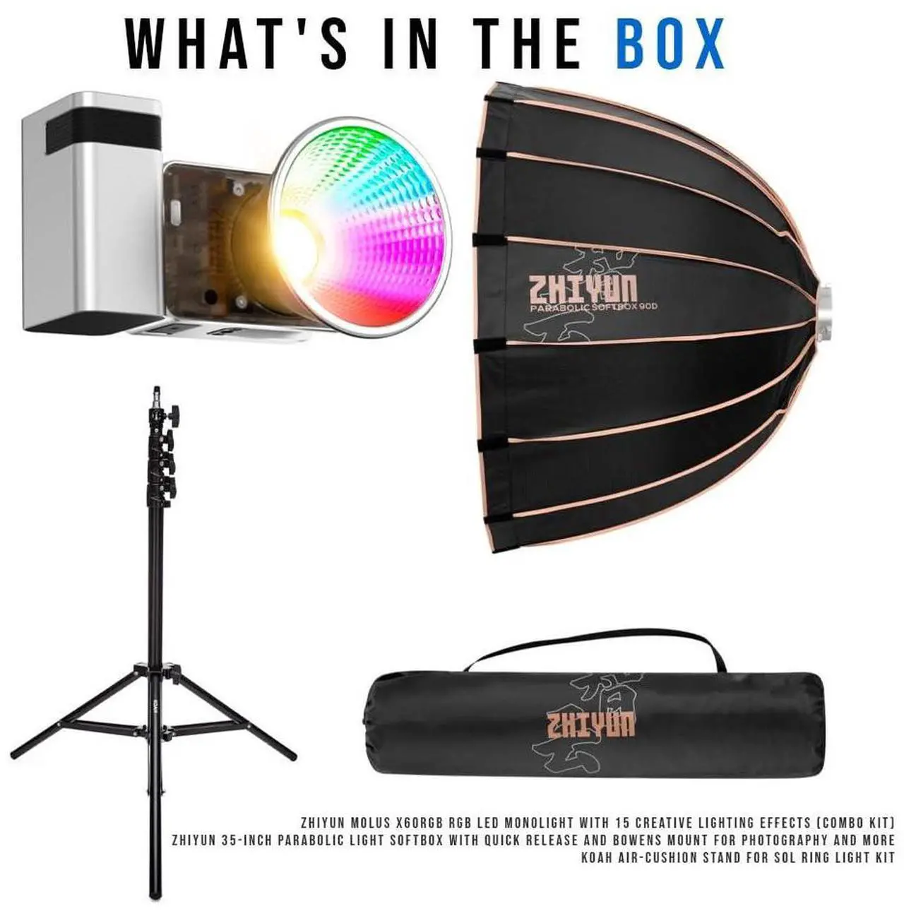 Alt view image 2 of 7 - Zhiyun Molus X60RGB RGB LED Monolight (Combo Kit) Bundle with Zhiyun 3-Feet 90D Parabolic Softbox and Air-Cushion Stand for SOL Ring Light Kit (3 Items)