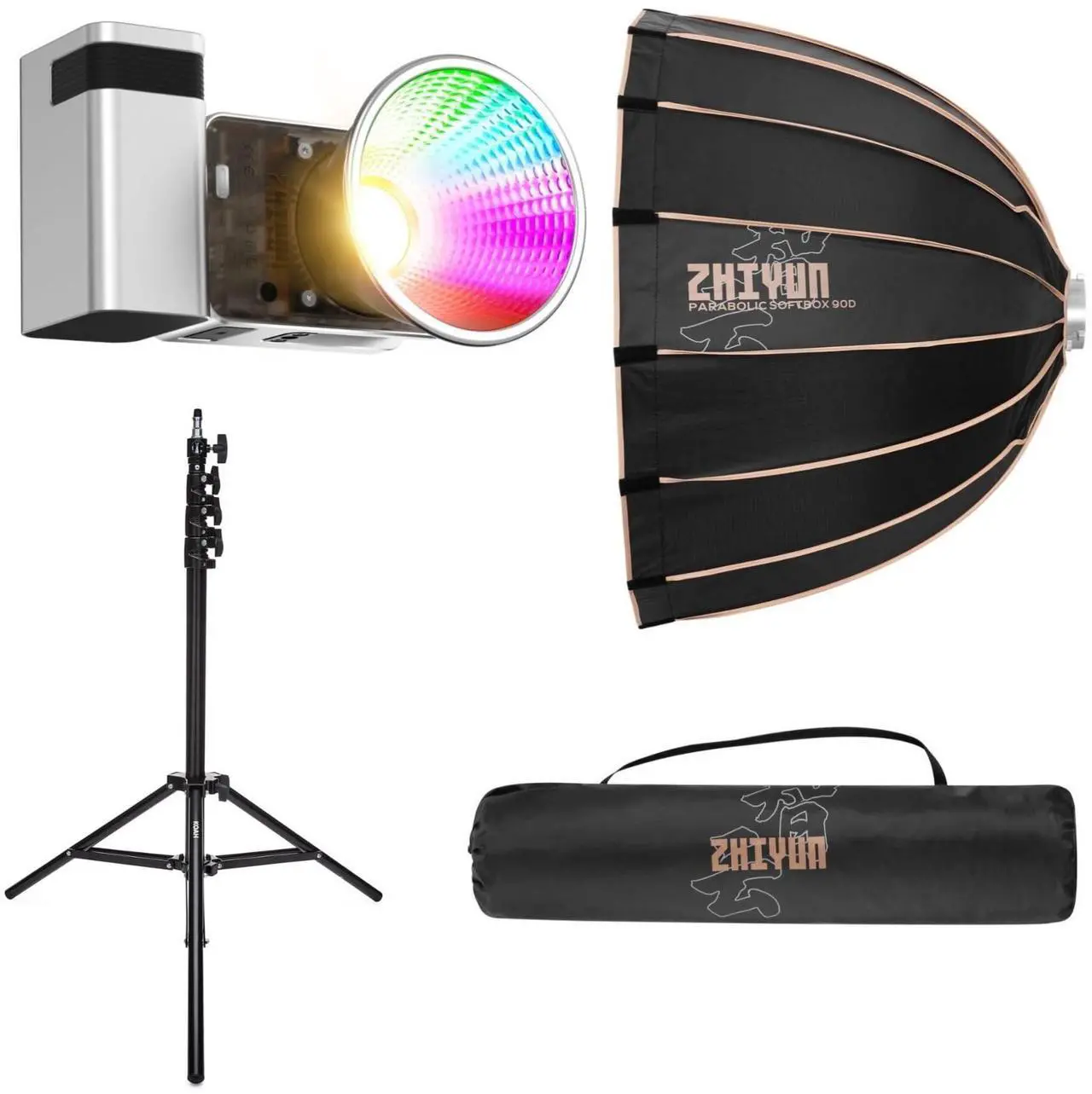 Main image of Zhiyun Molus X60RGB RGB LED Monolight (Combo Kit) Bundle with Zhiyun 3-Feet 90D Parabolic Softbox and Air-Cushion Stand for SOL Ring Light Kit (3 Items)