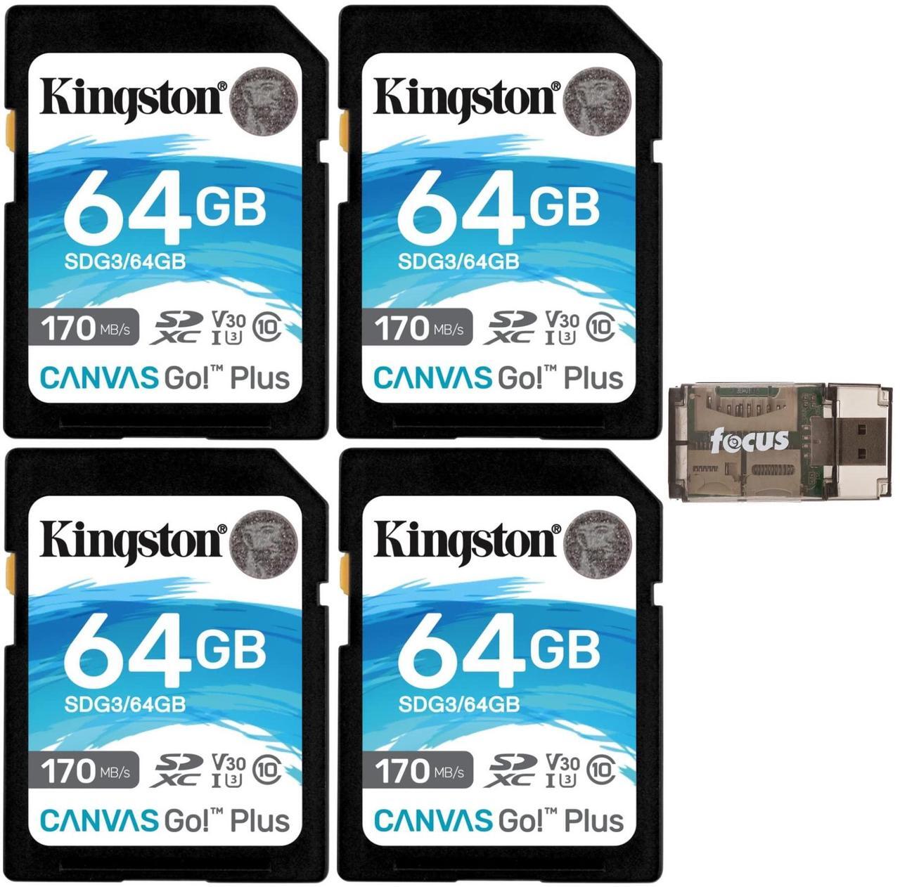 Main image of Kingston 64GB SDXC Canvas Go Plus 170MB/s Read Memory Card (SDG3/64GB, 4-Pack) Bundle with High Speed USB Card Reader (5 Items)