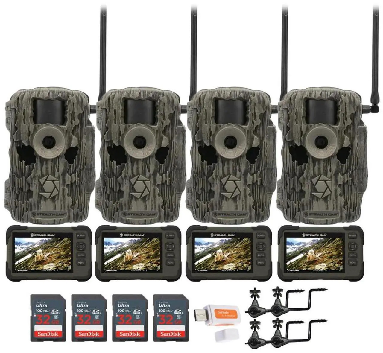 Main image of Stealth Cam 36MP Fusion Max Cellular Trail Camera with 80 Feet Detection Range (4-Pack) Bundle with SD Card Viewer (4-Pack), Camera Holder (4-Pack), Memory Card (4-Pack), and Card Reader (17 Items)