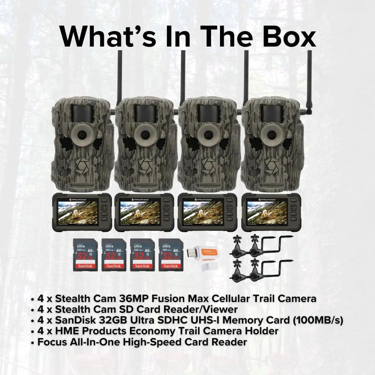 Alt view image 6 of 7 - Stealth Cam 36MP Fusion Max Cellular Trail Camera with 80 Feet Detection Range (4-Pack) Bundle with SD Card Viewer (4-Pack), Camera Holder (4-Pack), Memory Card (4-Pack), and Card Reader (17 Items)