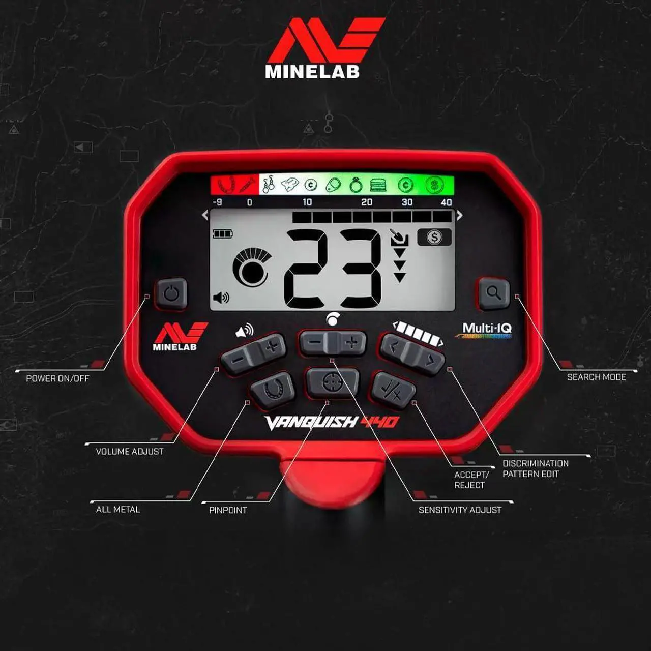 Alt view image 4 of 7 - Minelab Vanquish 440 All-Terrain, Powerful, Accurate, and Lightweight Metal Detector Bundle with Minelab 3226-0002 Pro-Find 15 Pinpointer Metal Detector with Splashproof Design (Gold) (2 Items)