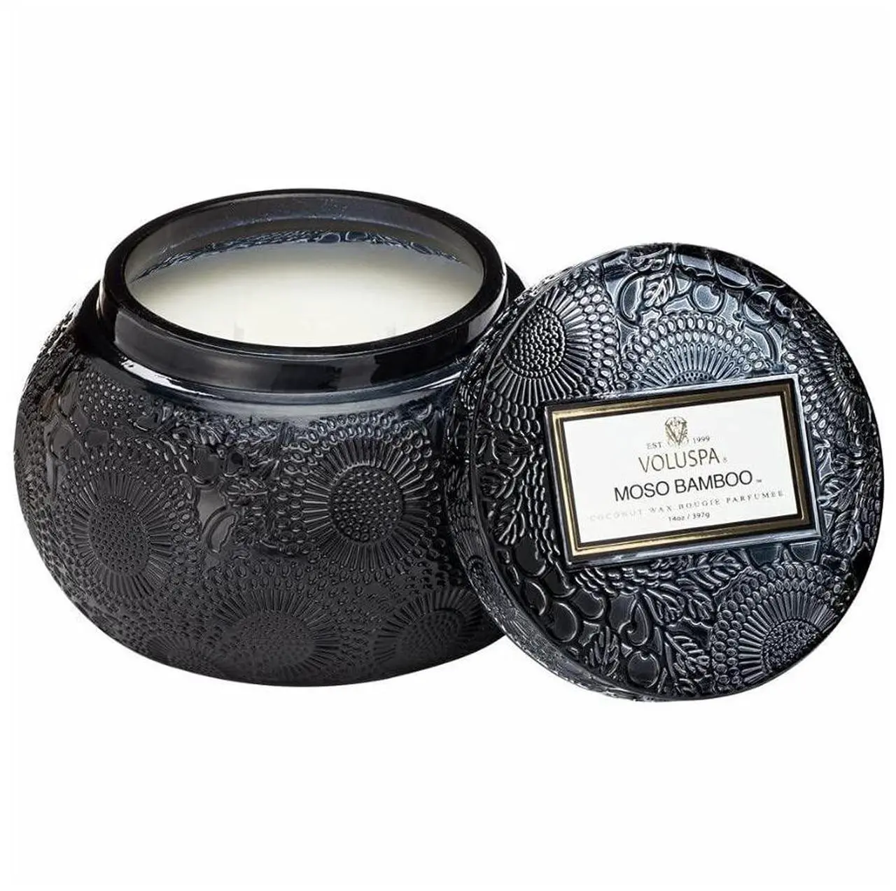 Alt view image 5 of 5 - Voluspa Embossed Glass Chawan Bowl Candles (Panjore Lychee and Moso Bamboo, 14oz) Bundle (2 Items)