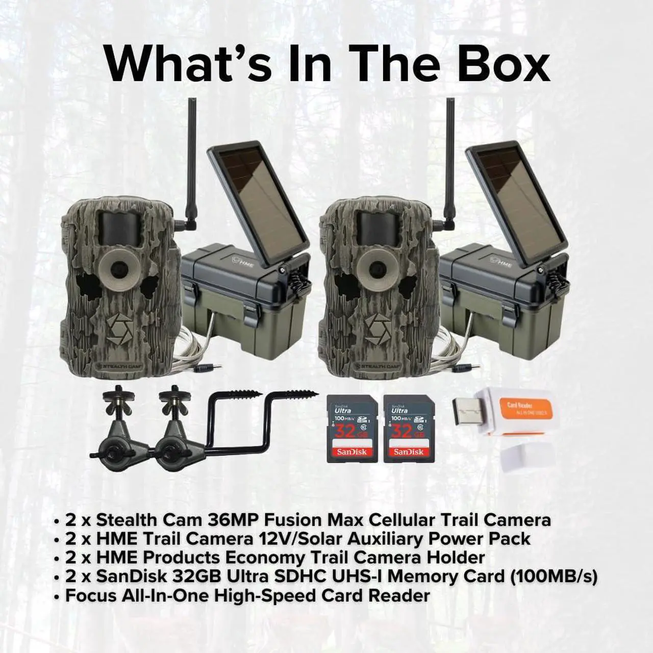 Alt view image 6 of 7 - Stealth Cam 36MP Fusion Max Cellular Trail Camera with 80 Feet Detection Range (2-Pack) Bundle with 2x Solar Power Pack, 2x Camera Holder, 2x 32GB Memory Card, and Card Reader (9 Items)