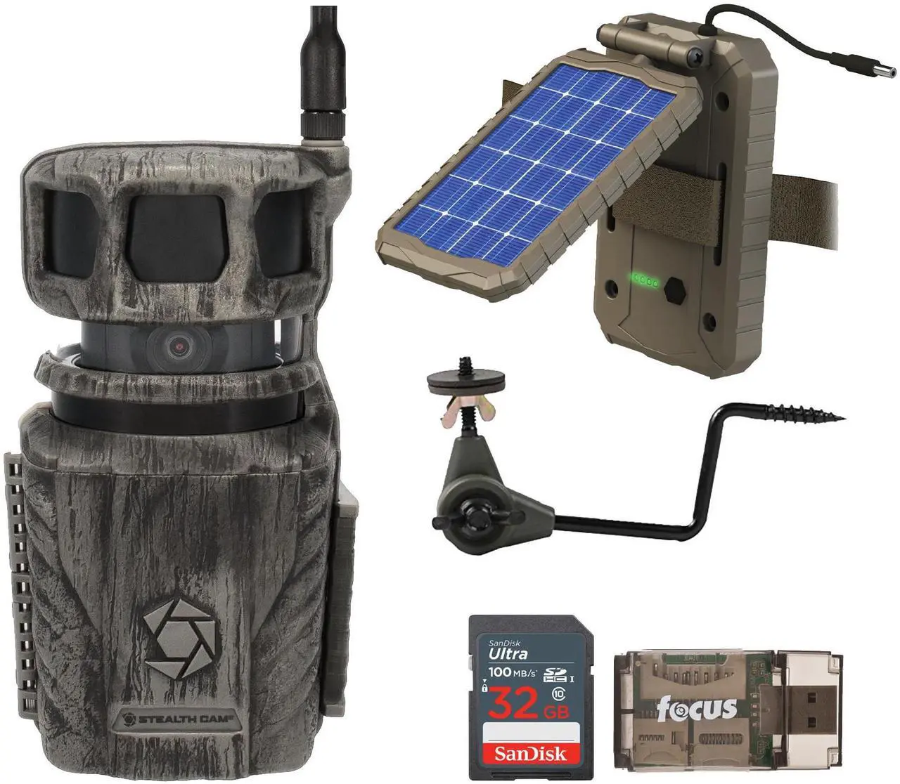 Main image of Stealth Cam Revolver 36MP 360-Degree Cellular Trail Camera with 1/4-Inch Threaded Mount Bundle with Stealth Cam Solar Power Panel, Camera Holder (2-Pack), 32GB Memory Card and Card Reader (6 Items)