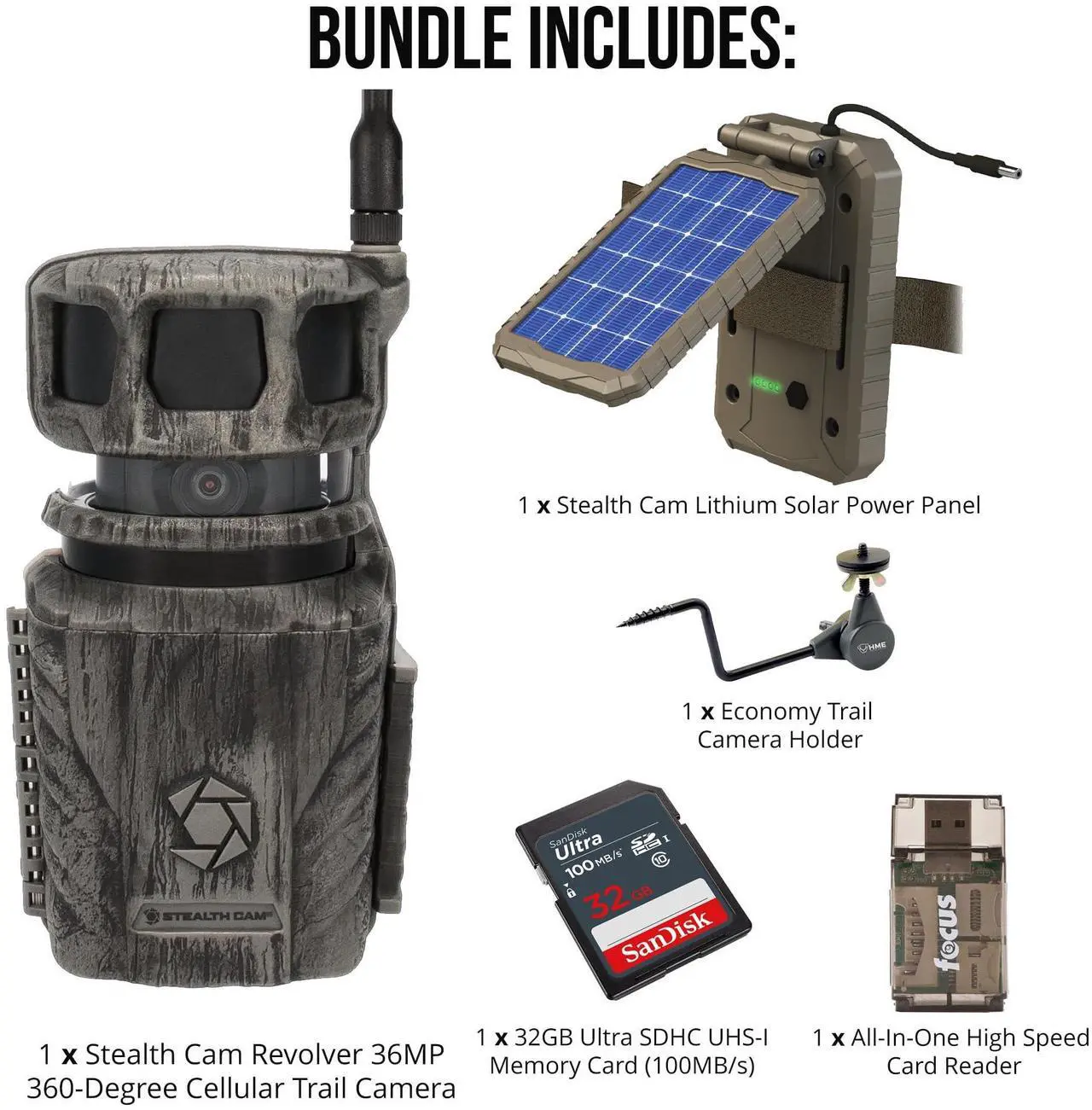 Alt view image 2 of 3 - Stealth Cam Revolver 36MP 360-Degree Cellular Trail Camera with 1/4-Inch Threaded Mount Bundle with Stealth Cam Solar Power Panel, Camera Holder (2-Pack), 32GB Memory Card and Card Reader (6 Items)