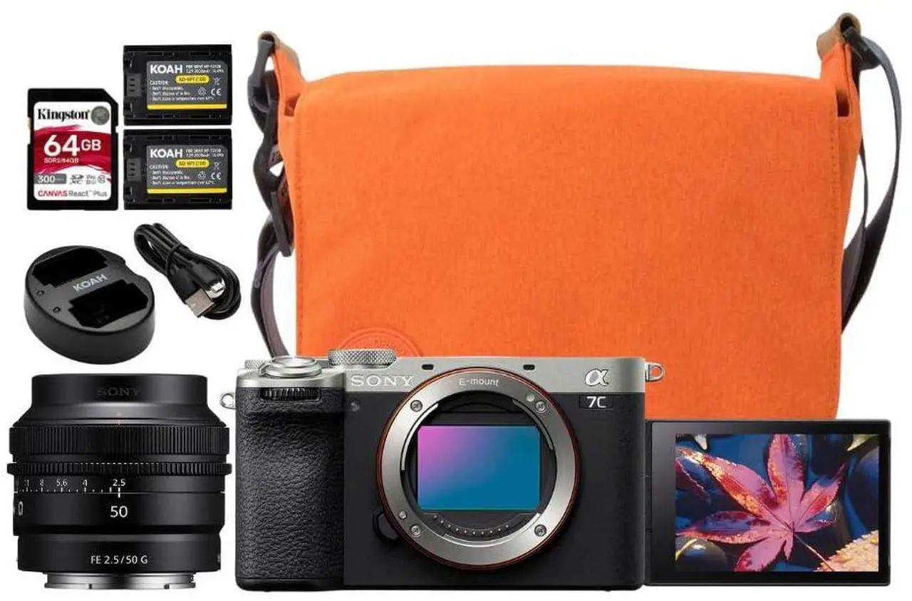 Main image of Sony Alpha 7C II Full-Frame Interchangeable Lens Hybrid Camera Body (Silver) Bundle with 50mm G Lens, Two Pack Battery and Dual Charger, 64GB U3 V90 SD Card, and DSLR Camera Bag (Amber) (5 Items)