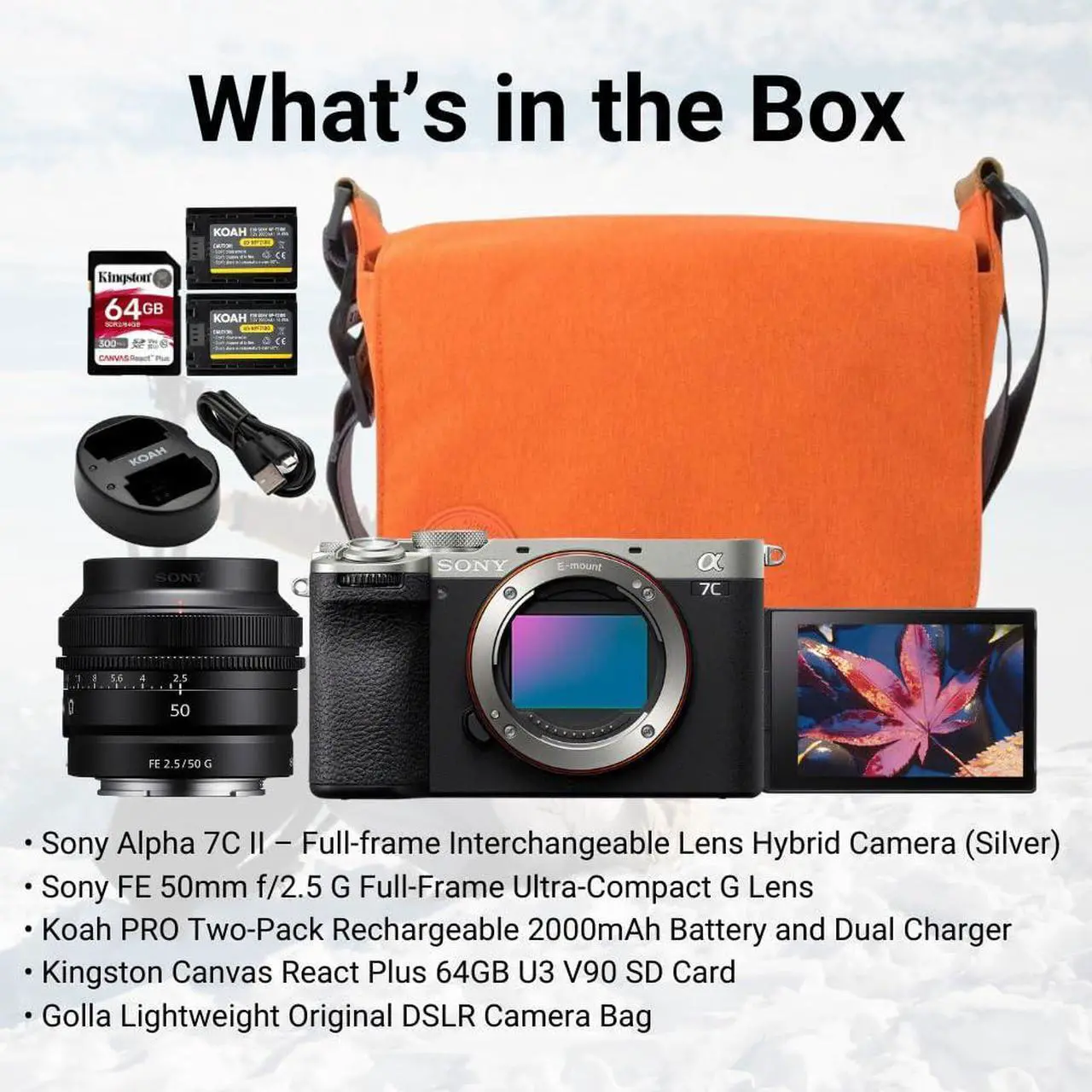 Alt view image 7 of 7 - Sony Alpha 7C II Full-Frame Interchangeable Lens Hybrid Camera Body (Silver) Bundle with 50mm G Lens, Two Pack Battery and Dual Charger, 64GB U3 V90 SD Card, and DSLR Camera Bag (Amber) (5 Items)