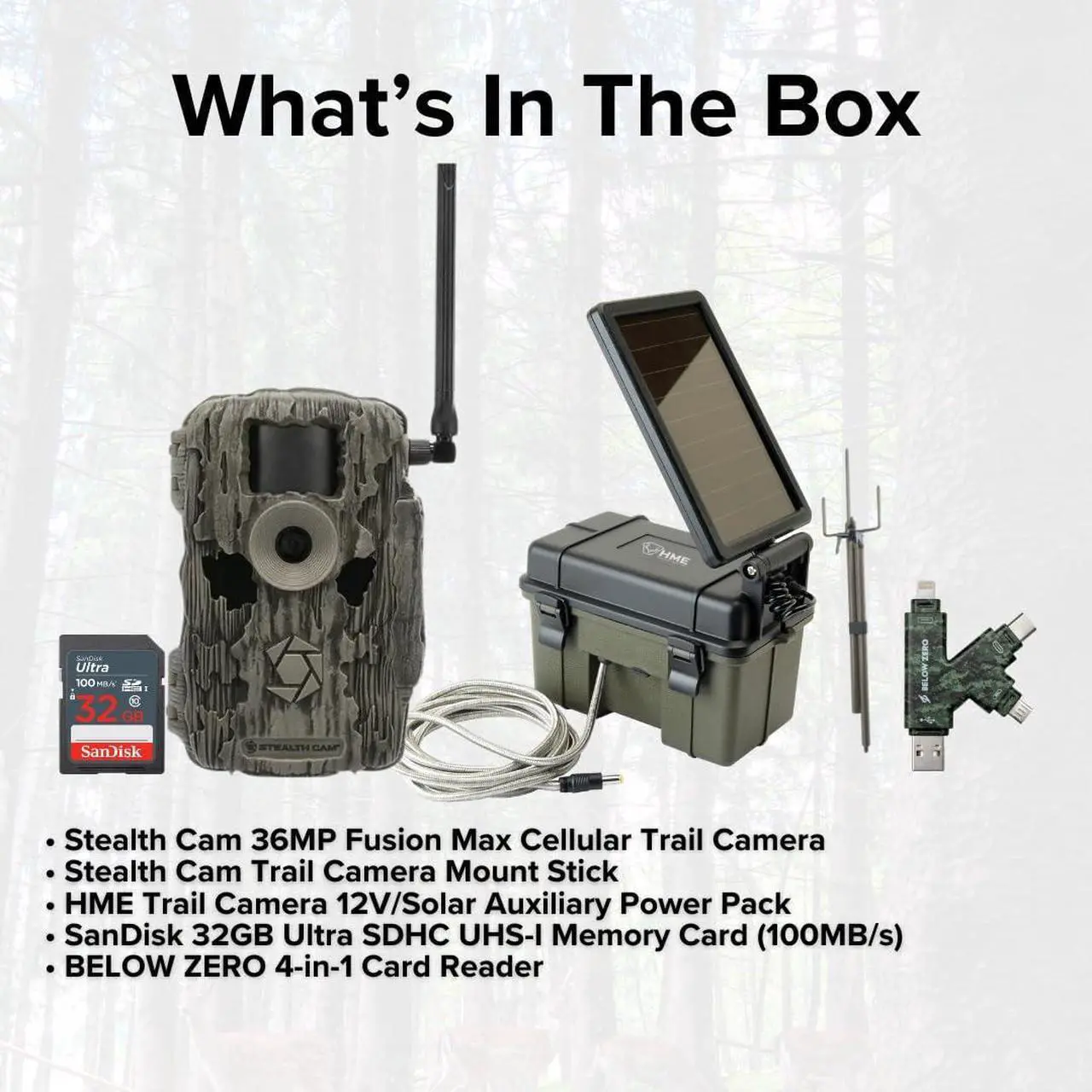 Alt view image 7 of 7 - Stealth Cam 36MP Fusion Max Cellular Trail Camera with 80 Feet Detection Range Bundle with Solar Power Pack, Stealth Cam Trail Camera Mount Stick, 32GB Memory Card, and USB 2.0 Card Reader (5 Items)