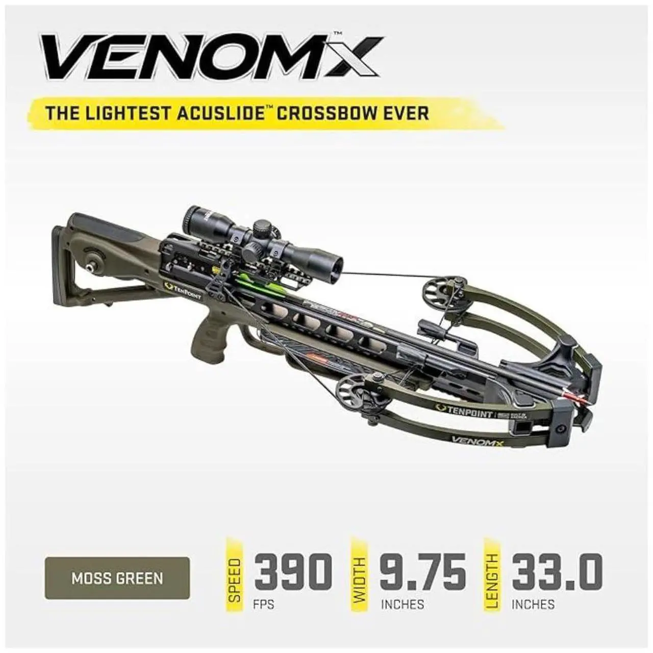 Alt view image 3 of 7 - TenPoint Venom X Crossbow with ACUslide Cocking and De-Cocking System, Pro-View 400 Scope, and Scope Struts (Moss Green)