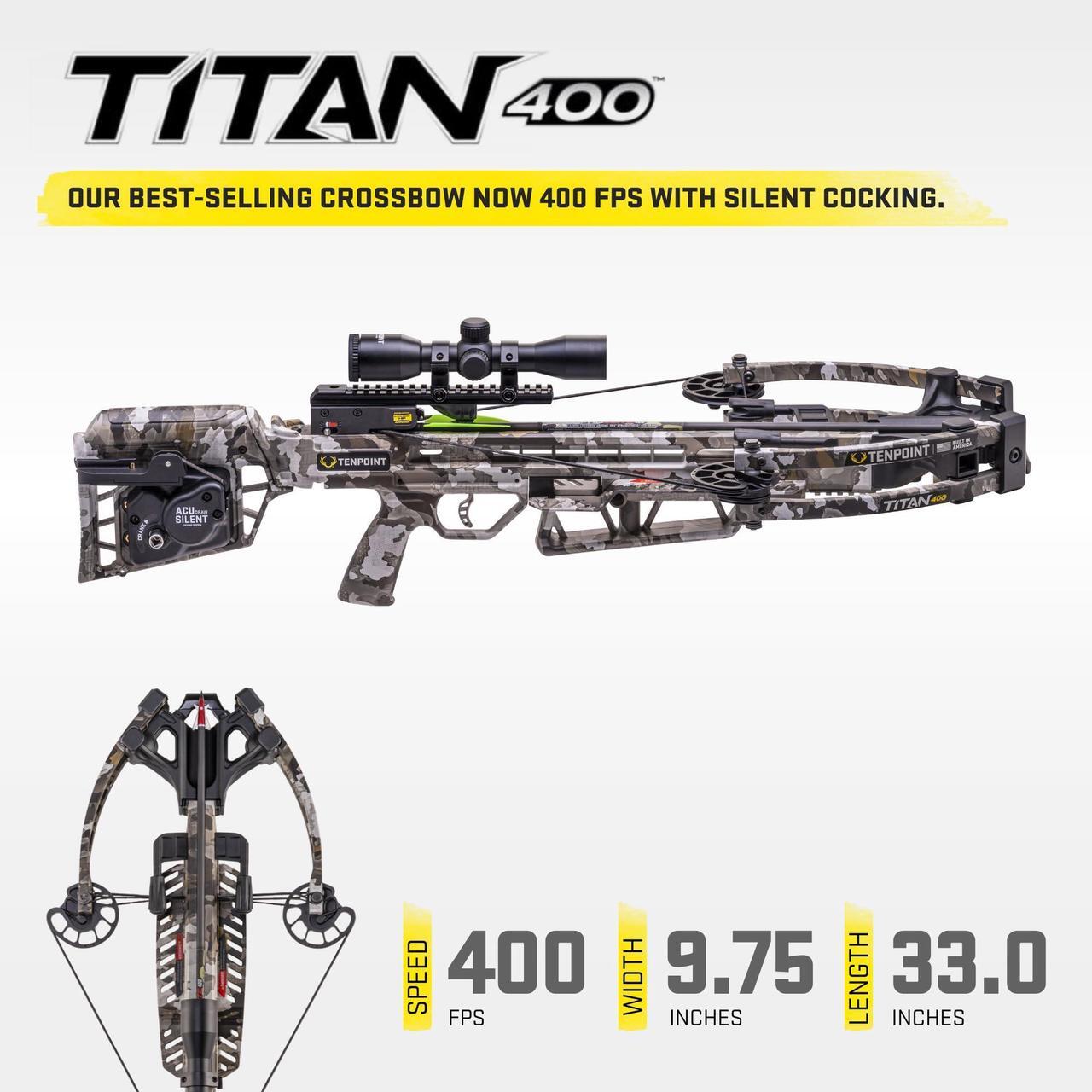 Alt view image 2 of 7 - TenPoint Titan 400 Compact Profile Crossbow with T5 Trigger, Bow Hook, ACUdraw Silent, and Pro-View 400 Scope for Down-Range Accuracy (Vektra)