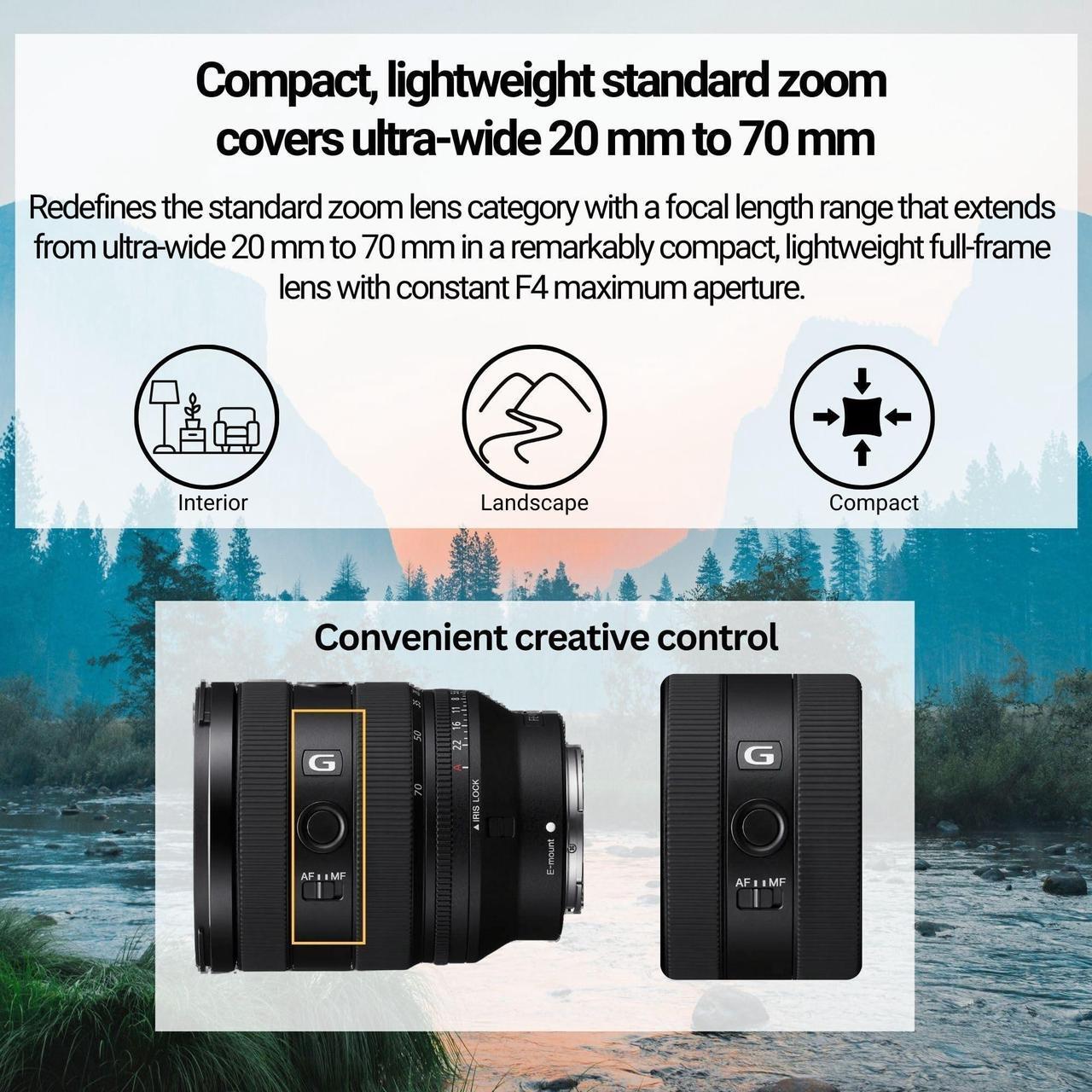 Alt view image 2 of 7 - Sony FE 20-70mm F4 G Compact Zoom Lens - Professional Photography Gear with Fast Autofocus - Full-frame E-mount Bundle with 64GB Memory Card, Editing Software, Camera Case, and Accessories (5 Items)
