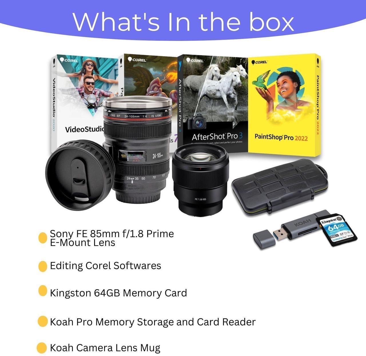Alt view image 5 of 7 - Sony FE 85mm f/1.8 Prime E-Mount Lens for Crystal Clear Portraits - Fast Autofocus Bundle with Editing Software, 64GB Memory Card, Lens Mug, Memory Card Storage and Card Reader (5 Items)