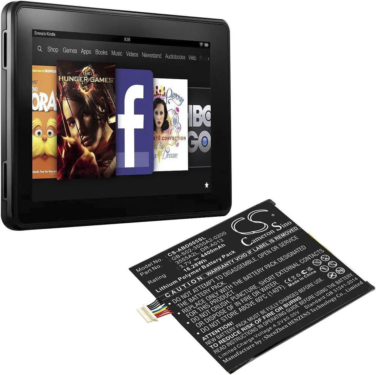 Alt view image 6 of 6 - 4400mAh GB-S02-3555A2-0200 Battery for Amazon Kindle Fire, D01400, S2012-002-D, 58-000015, S2012-002