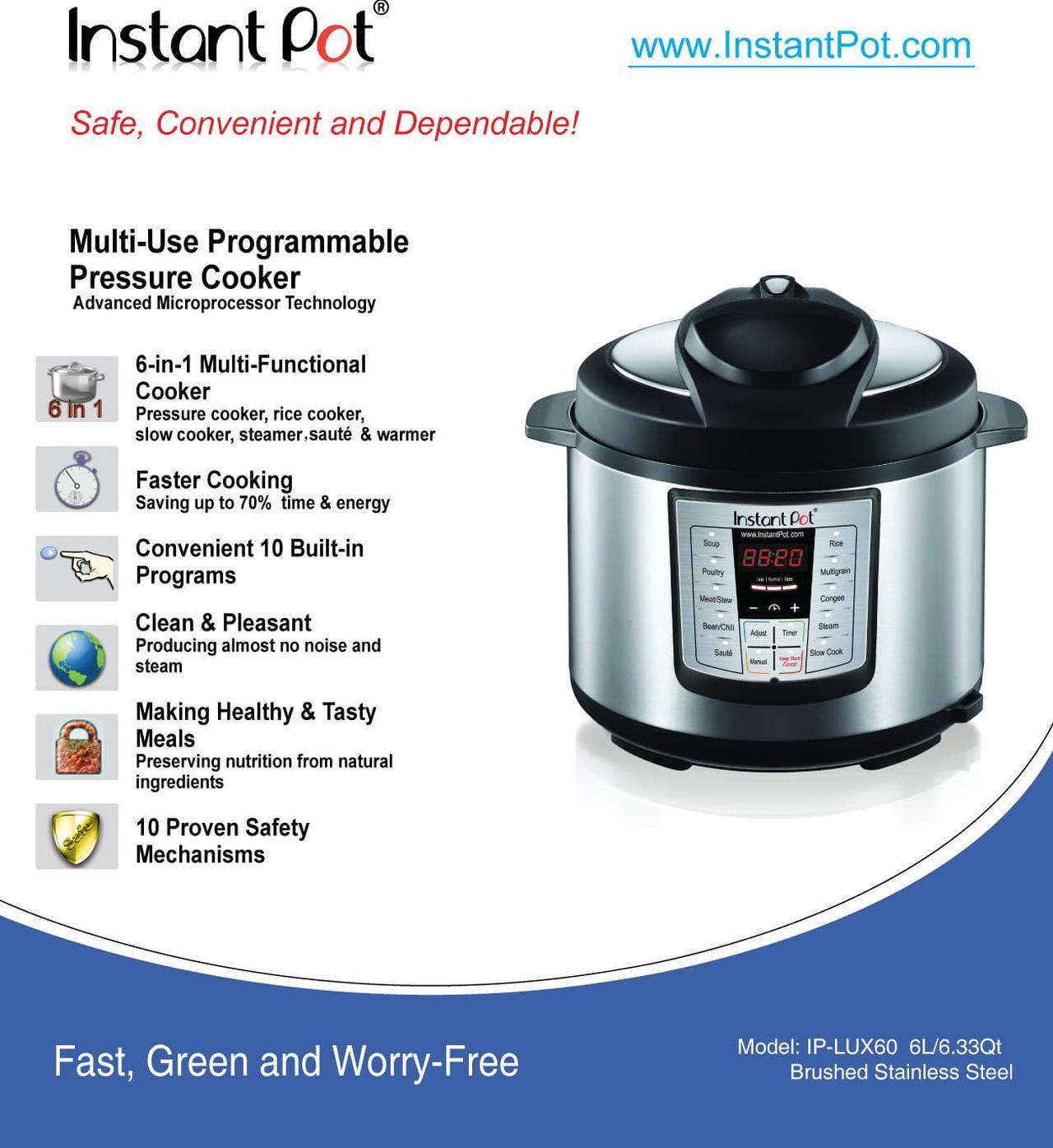 Alt view image 3 of 7 - Instant Pot - IP-LUX50 - 6 in 1 Programmable Stainless Steel Electric Pressure Cooker, Multi Cooker, Slow Cooker, Steamer, Crockpot, Rice Cooker with 5 Quart Capacity