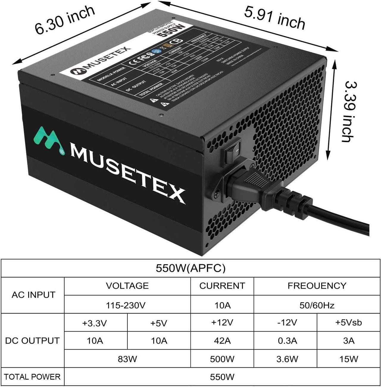 Alt view image 3 of 4 - MUSETEX ATX12V / EPS12V 550W Power Supply 80 Plus Bronze 14cm Silent Fan Certified Non-Modular CPU Power Supply for Computer