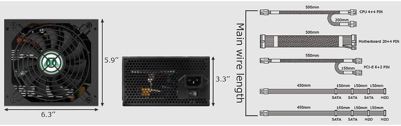Alt view image 4 of 4 - MUSETEX ATX12V / EPS12V 550W Power Supply 80 Plus Bronze 14cm Silent Fan Certified Non-Modular CPU Power Supply for Computer