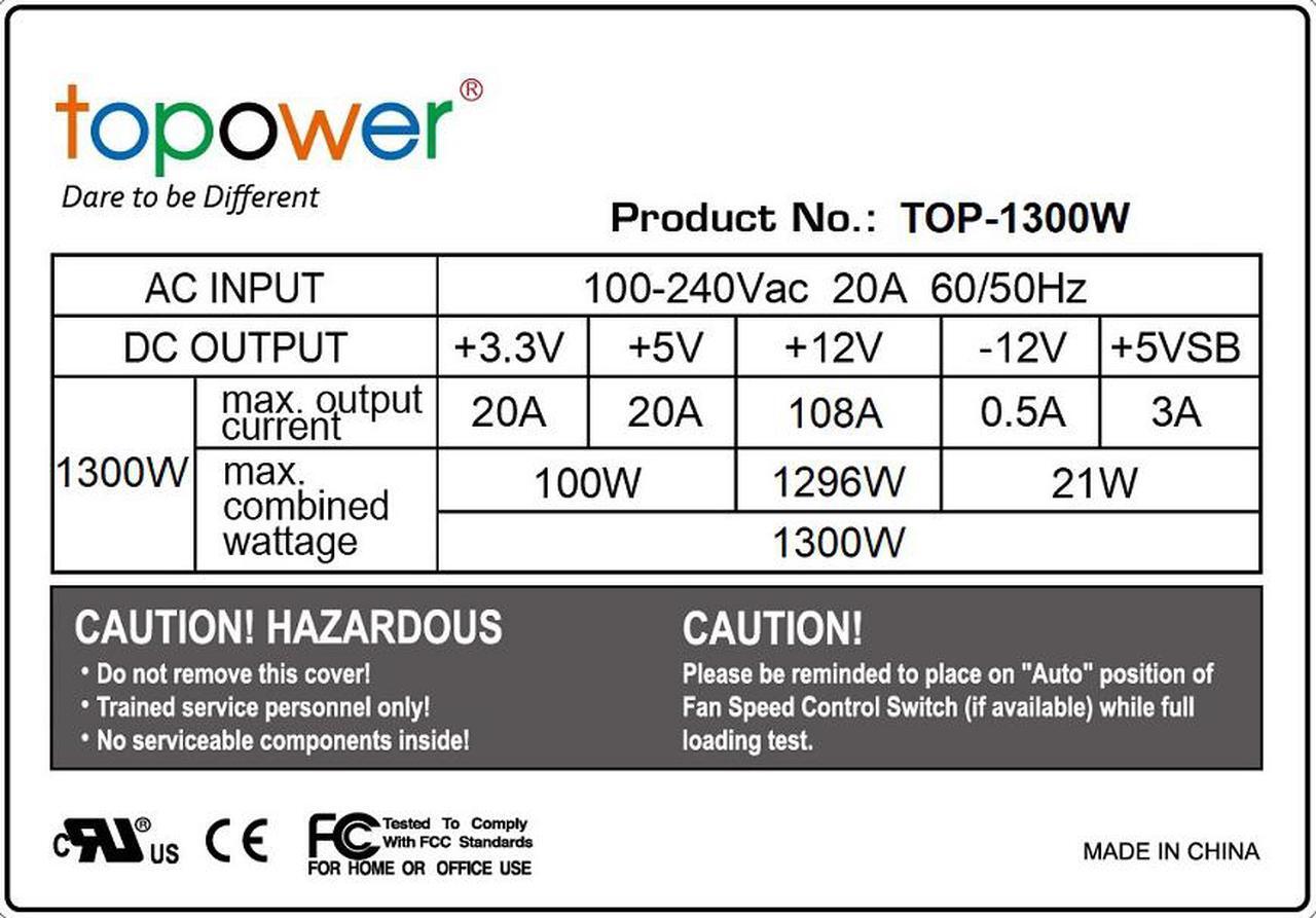 Alt view image 5 of 5 - TOPOWER TOP-1300W EPS12V/ATX12V HIGH EFFICIENCY POWER SUPPLY, SLI/CROSSFIRE READY FOR GAMING MINING AND SERVER, ACTIVE PFC, AC INPUT 100 -240V