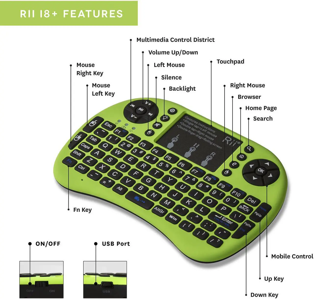 Alt view image 5 of 7 - Rii i8+ Mini Bluetooth Keyboard with Touchpad & QWERTY Keyboard, Backlit Portable Wireless Keyboard for Smartphones laptop/PC/Tablets/Windows/Mac/TV/Xbox/PS3/Raspberry Pi (Green)