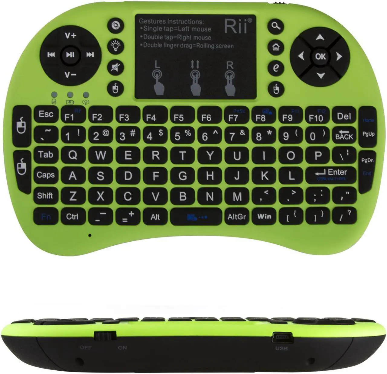Main image of Rii i8+ Mini Bluetooth Keyboard with Touchpad & QWERTY Keyboard, Backlit Portable Wireless Keyboard for Smartphones laptop/PC/Tablets/Windows/Mac/TV/Xbox/PS3/Raspberry Pi (Green)