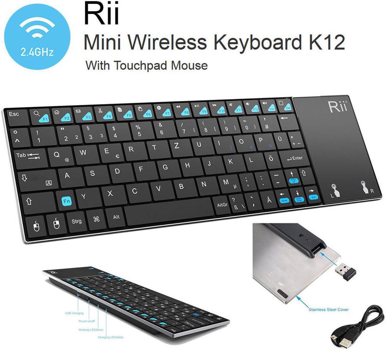 Rii K12 UltraSlim Wireless Keyboard Mouse Touchpad Metal Tablet/Phone (BLACK)