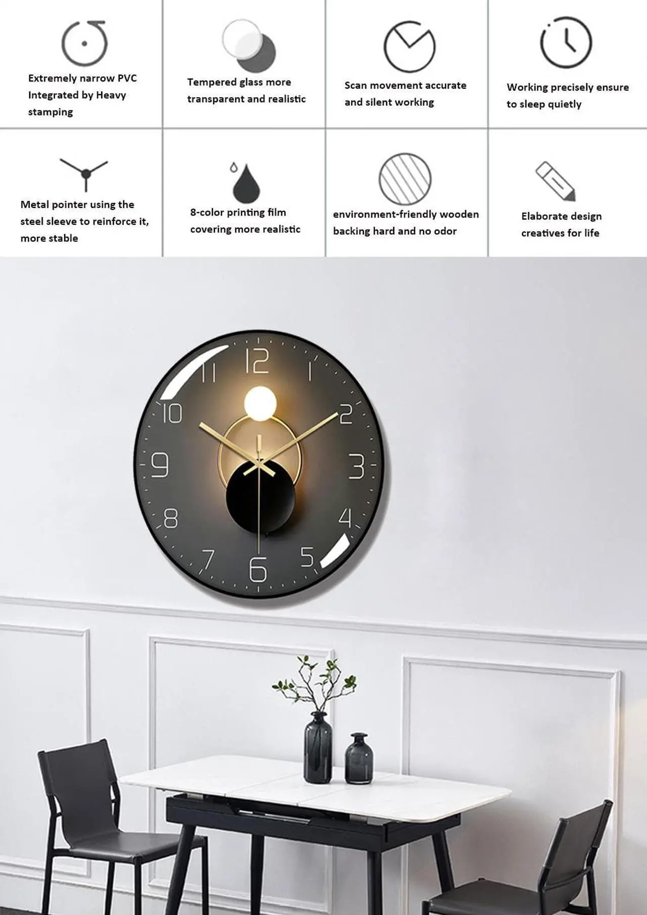 Alt view image 5 of 7 - Nordic quartz wall clock silent ultrathin fashion PVC frame Tempered glass environment-friendly wooden backing Black