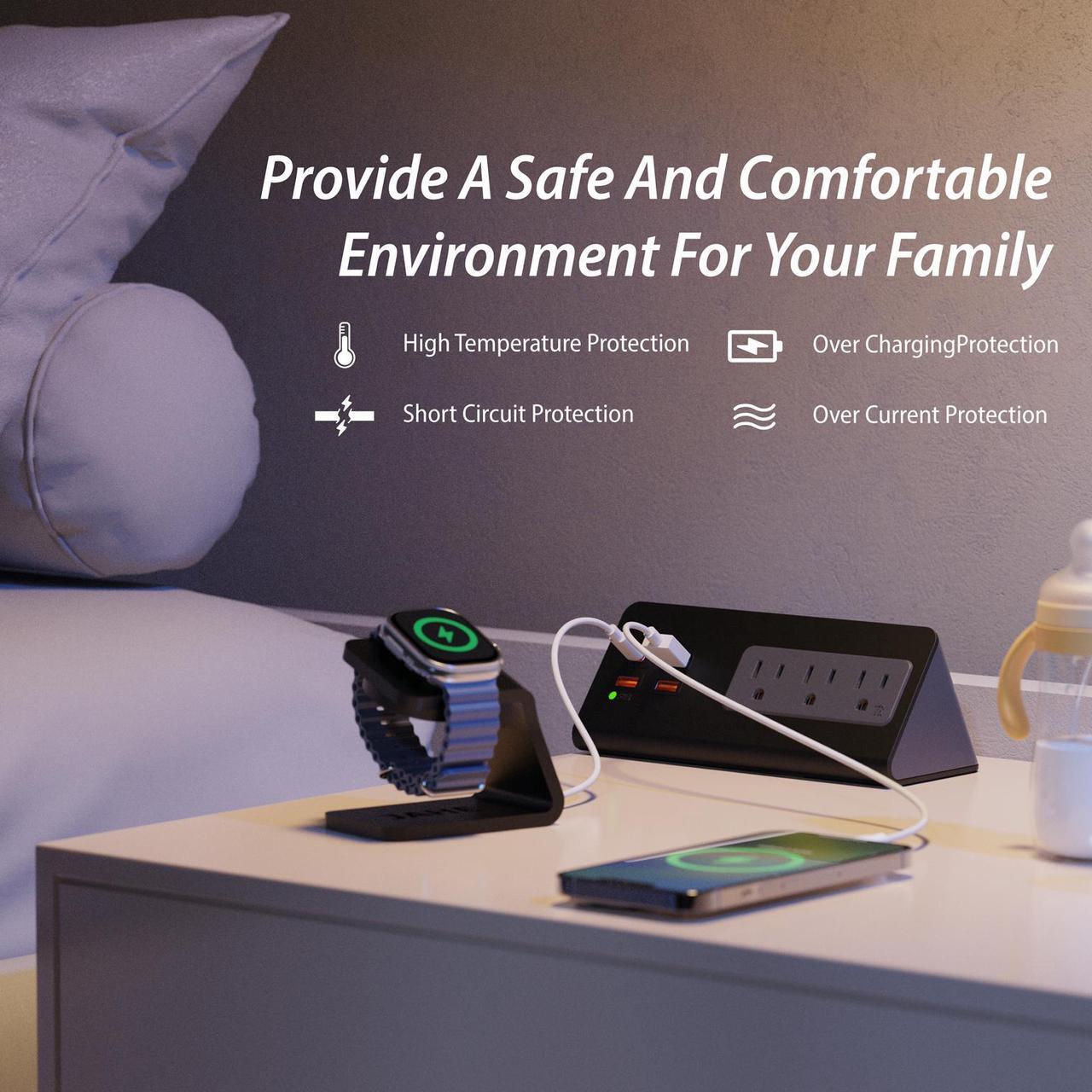 Alt view image 3 of 7 - Upgraded Version Edge Mount Power Strip with USB-C Ports Tabletop Surge Protector Desk Clamp Power Sockets with 3 AC Outlets &4 Fast Charging USB Ports for Home Office Hotel Dormitory