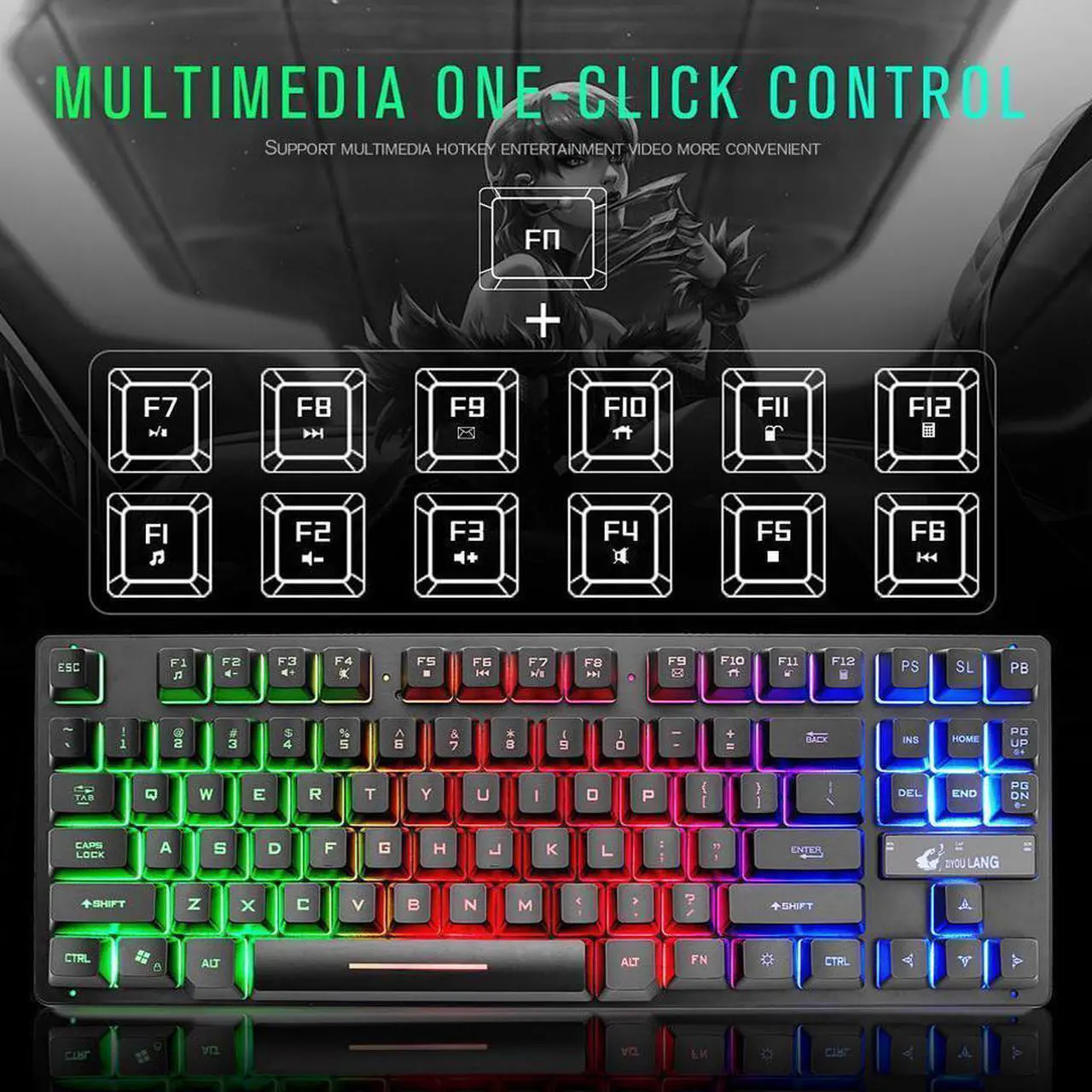 Alt view image 4 of 7 - 87 Keys Gaming Keyboard and mouse set,USB Wired Rainbow Backlit Keyboard and Wired Mouse for Laptop PC Computer Game and work