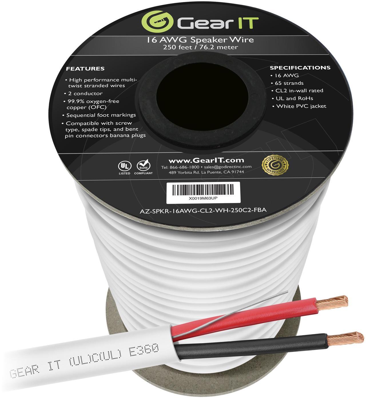 Alt view image 7 of 7 - 16 Gauge CL2 OFC Speaker Wire, GearIT Pro Series 16AWG (250 Feet / 76.2 Meters / White) Oxygen Free Copper UL CL2 Rated In-Wall Speaker Wire Cable for Home Theater and Car Audio Use