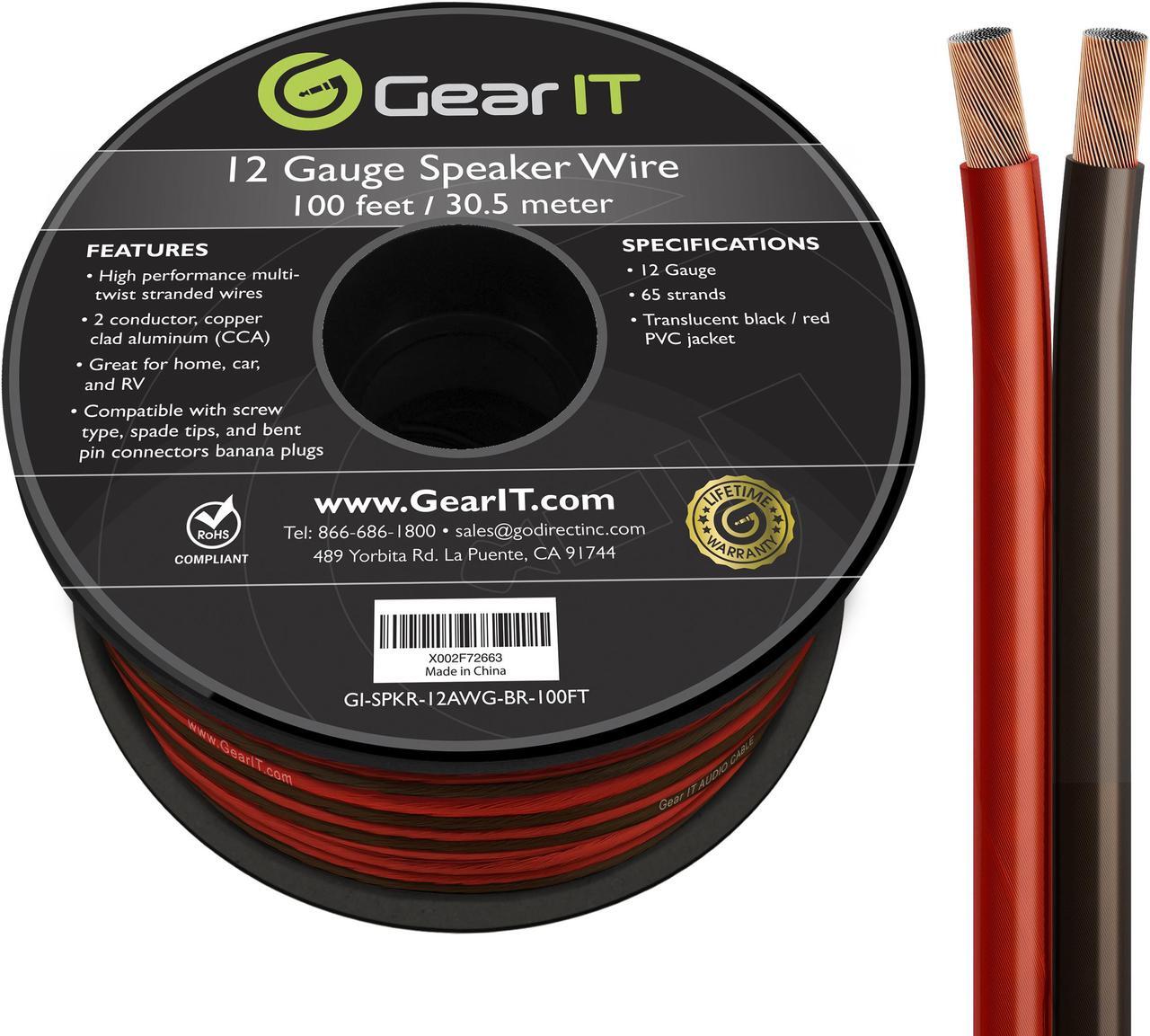 Main image of GearIT Pro Series 12AWG Speaker Wire, 12 Gauge Speaker Wire Cable (100 Feet / 30 Meters) Great Use for Home Theater Speakers and Car Speakers, Transparent Black/Red