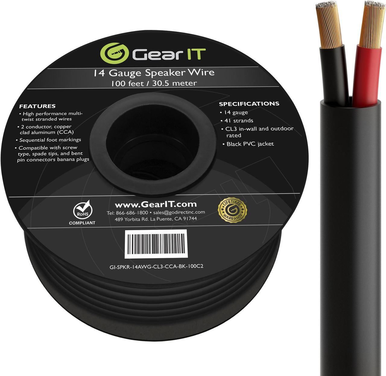 Main image of GearIT 14 Gauge Outdoor Speaker Wire (100 Feet), Copper Clad Aluminum (CCA) for CL3 Direct Burial, Waterproof Jacket, Conduit, Underground, 100 Ft