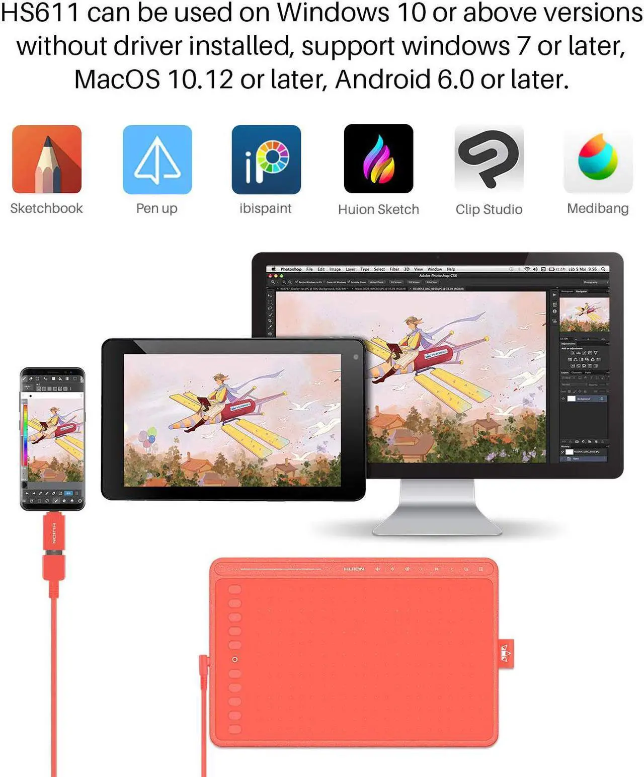 Alt view image 5 of 7 - Huion HS611 Graphics Drawing Tablet 10X6 inch Pen Tablet with 8192 Levels Battery-Free Pen, 8 Multimedia Keys and 10 Programmable Press Keys, One Touch Bar