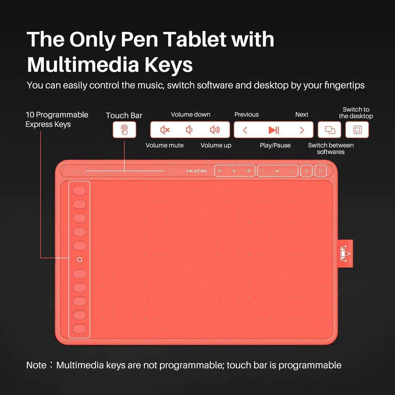 Alt view image 3 of 7 - Huion HS611 Graphics Drawing Tablet 10X6 inch Pen Tablet with 8192 Levels Battery-Free Pen, 8 Multimedia Keys and 10 Programmable Press Keys, One Touch Bar
