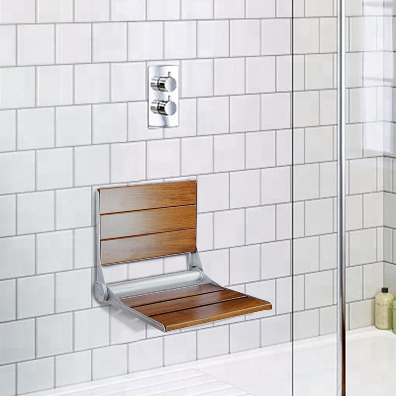 Alt view image 2 of 7 - 18" ADA Compliant Folding Teak Wood Shower Bench Seat Medical Wall Mount Seat