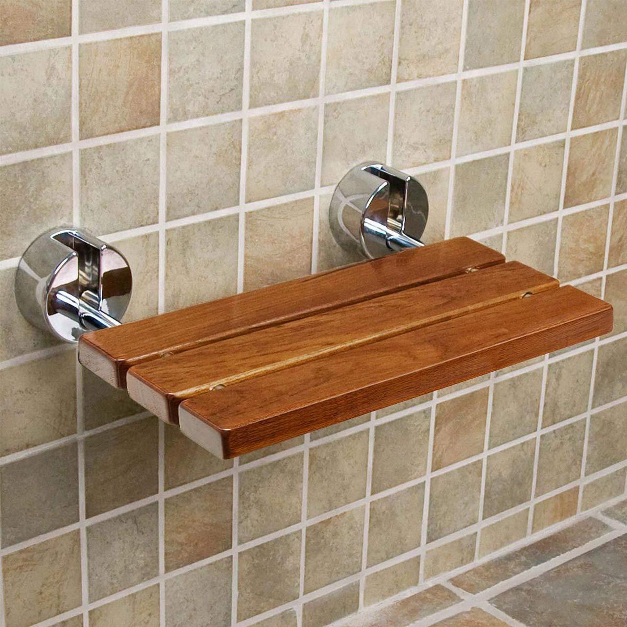 Alt view image 2 of 7 - 20" Teak Wood Folding Wall Mounted Shower Seat Bench Modern Clear Coated Medical