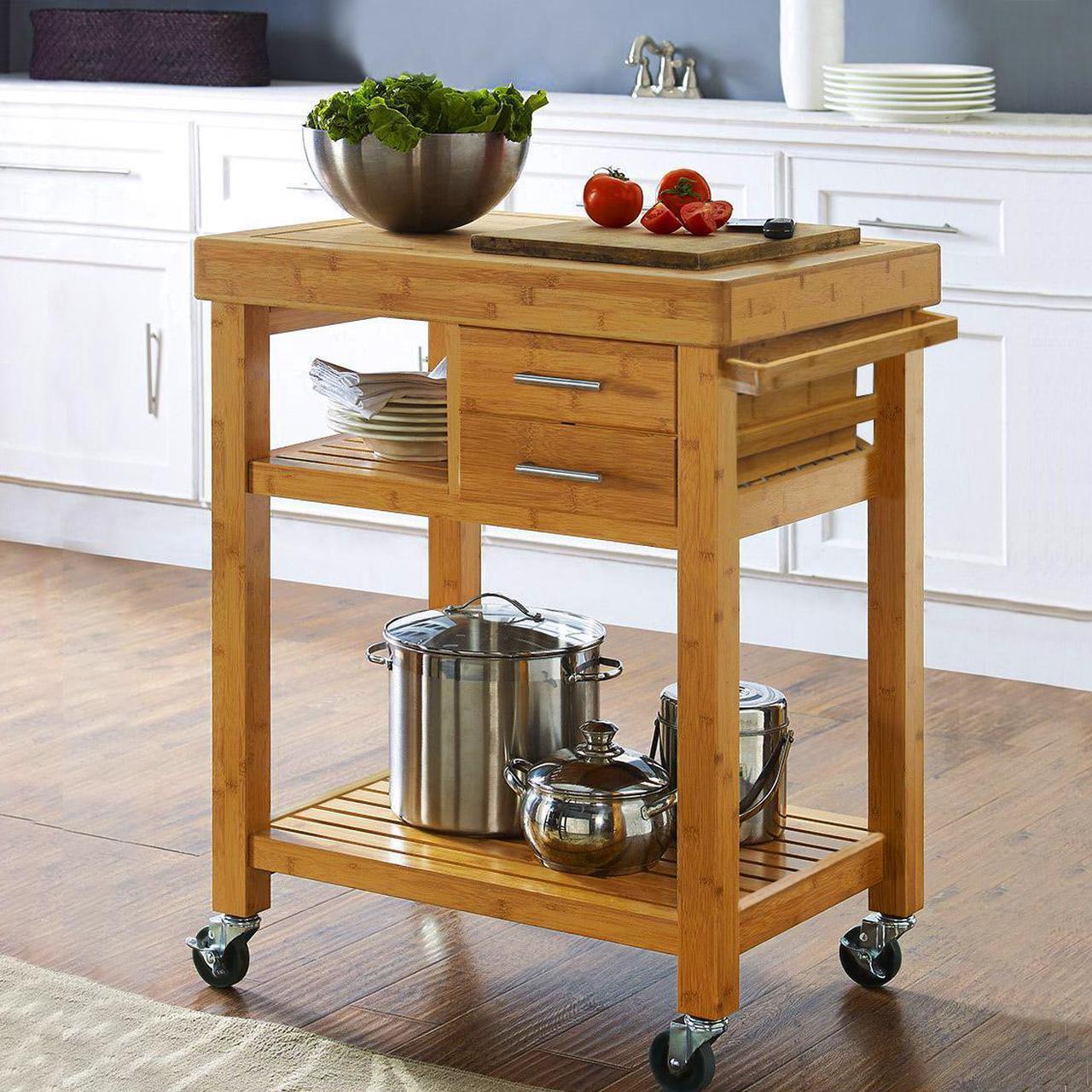 Main image of Rolling Bamboo Kitchen Island Cart Food Prep Trolley, with Towel Rack Drawers