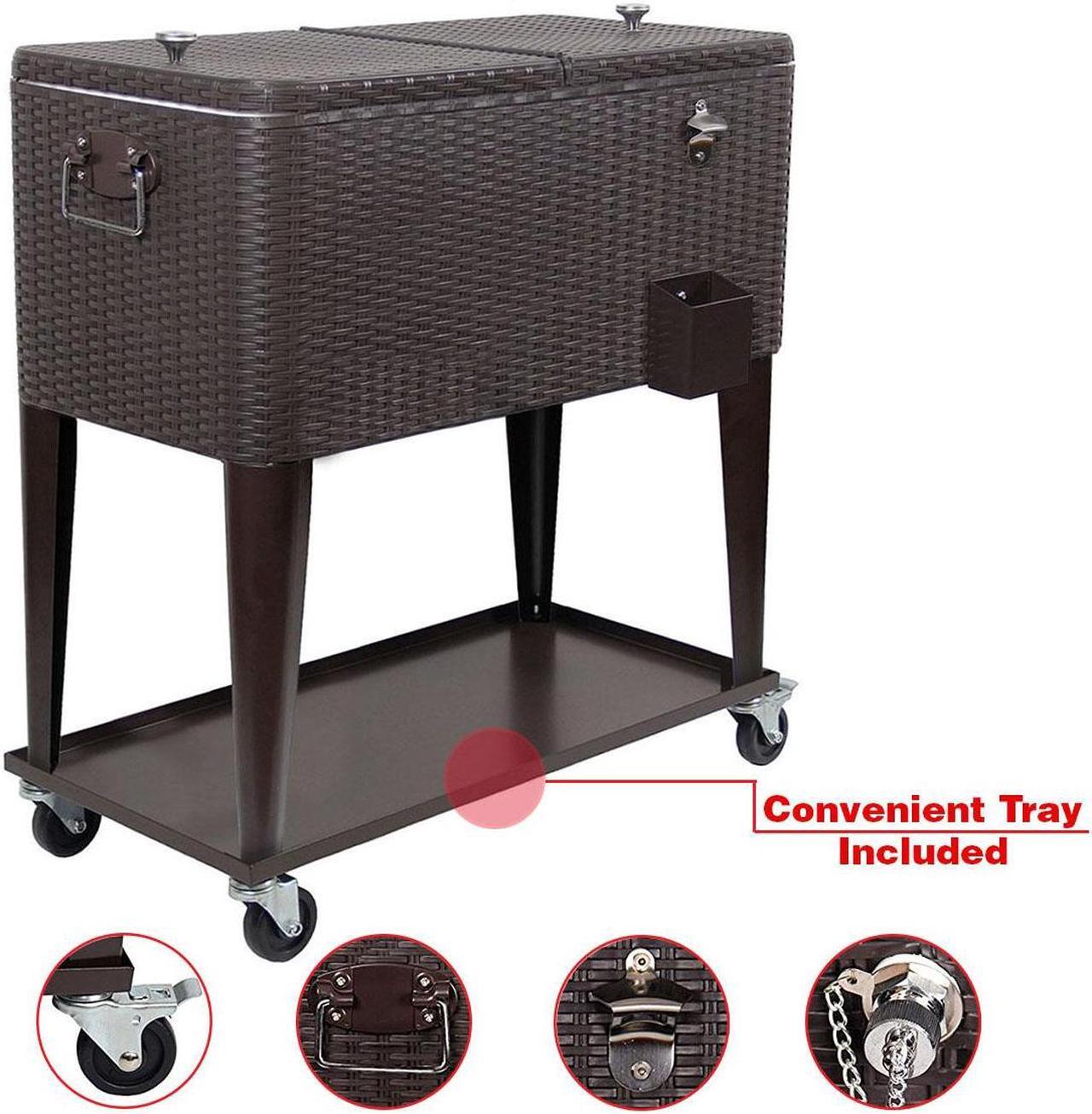 Alt view image 4 of 7 - Outdoor Patio Rolling Cooler Cart 80 Qt Wicker Ice Chest Beverage Brown Rattan