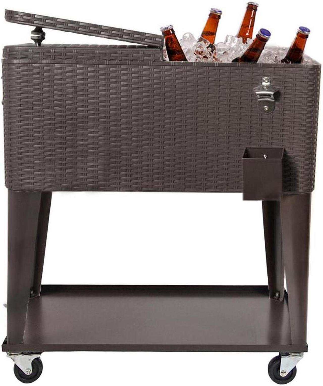 Alt view image 5 of 7 - Outdoor Patio Rolling Cooler Cart 80 Qt Wicker Ice Chest Beverage Brown Rattan
