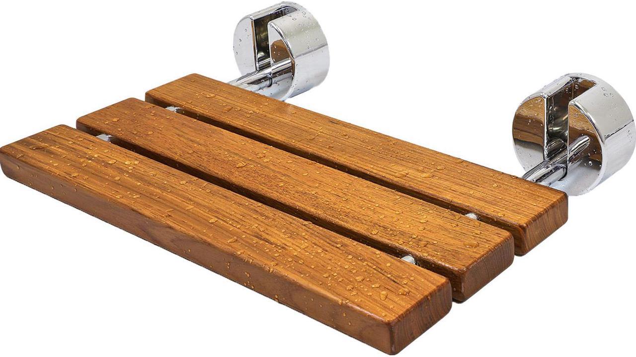 Main image of 20" Teak Wood Folding Wall Mounted Shower Seat Bench Modern Clear Coated Medical