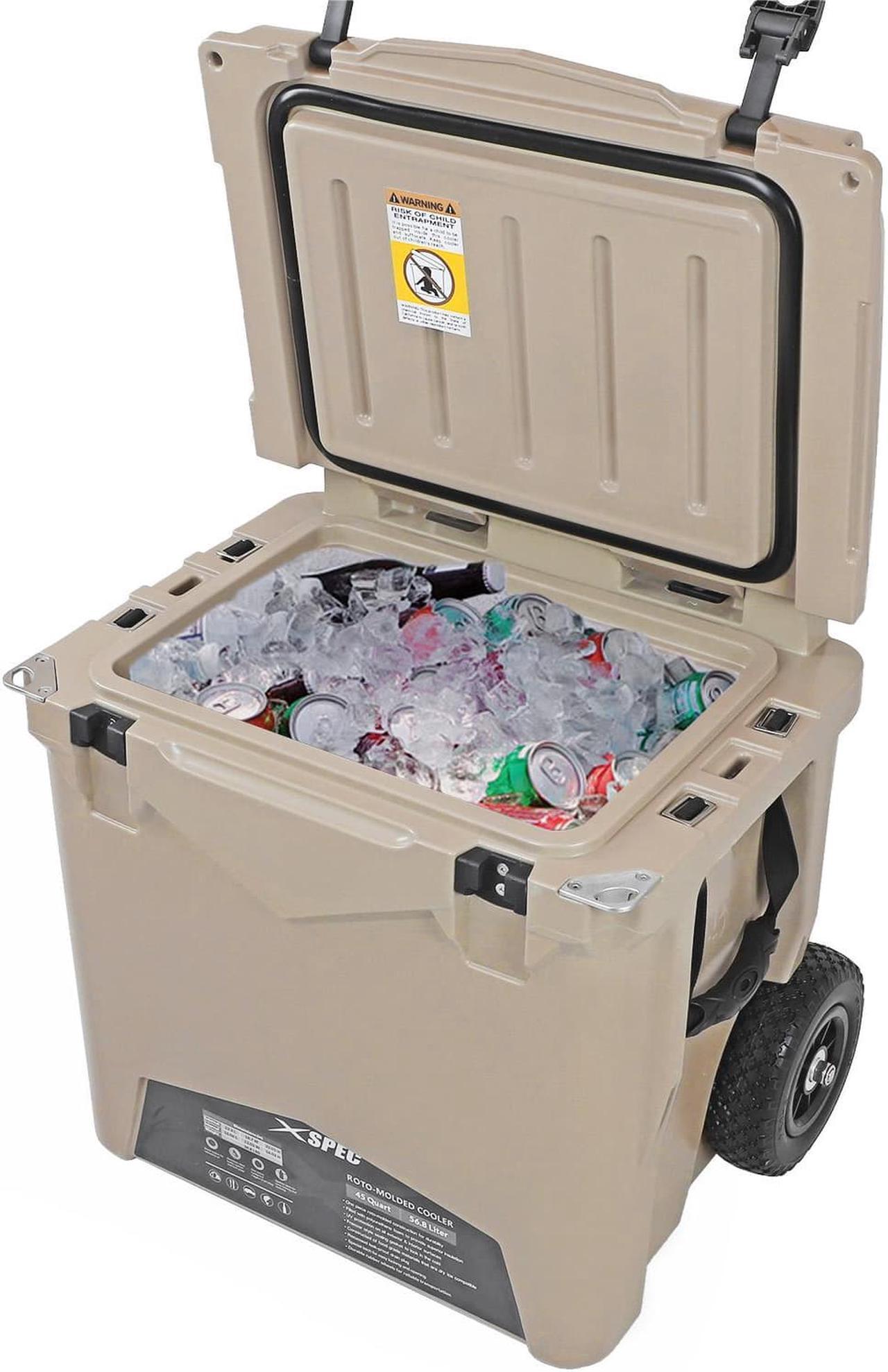 Alt view image 2 of 7 - Xspec 45 Quart Towable Roto Molded Ice Chest Outdoor Cooler with Wheels, Sand
