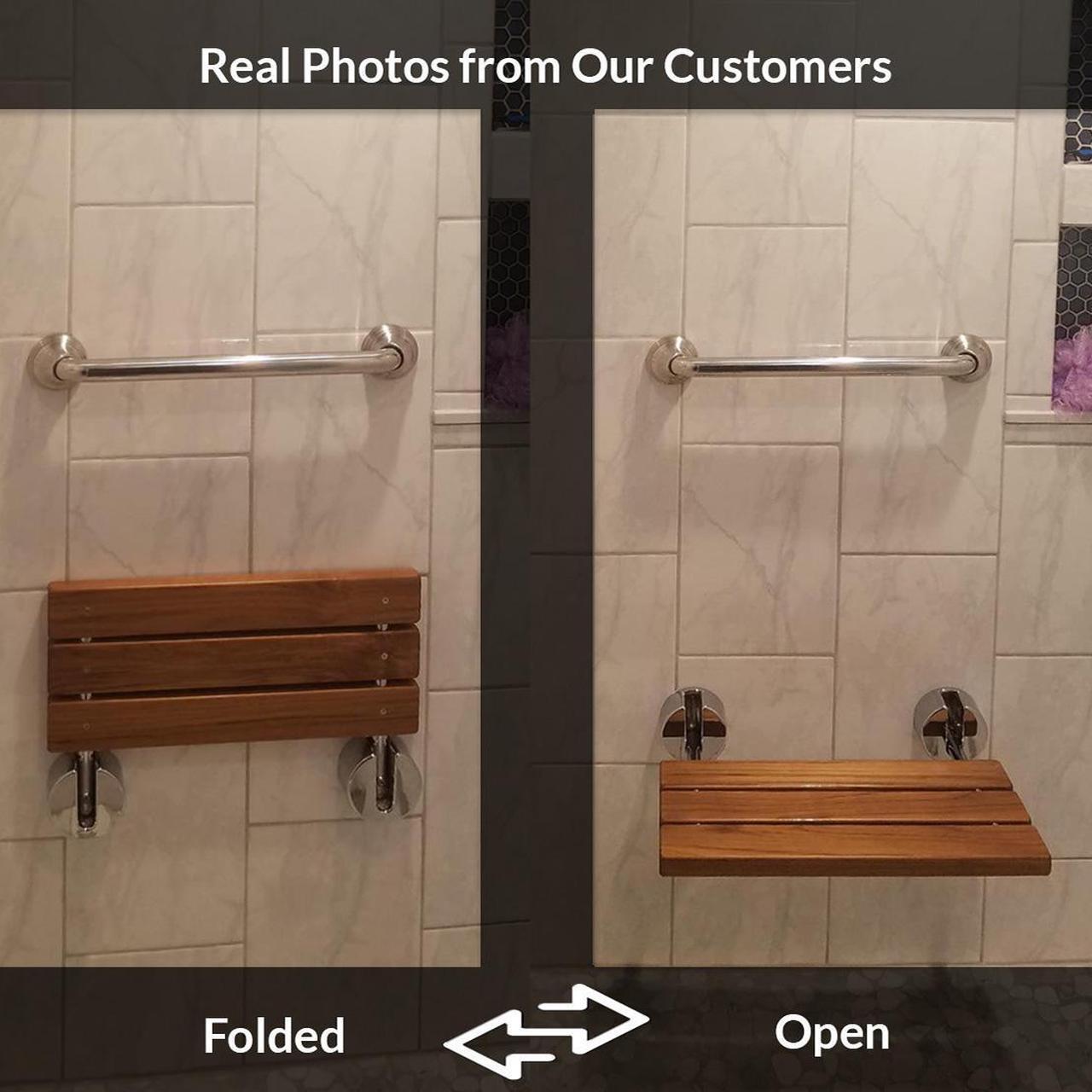 Alt view image 4 of 7 - 20" Teak Wood Folding Wall Mounted Shower Seat Bench Modern Clear Coated Medical