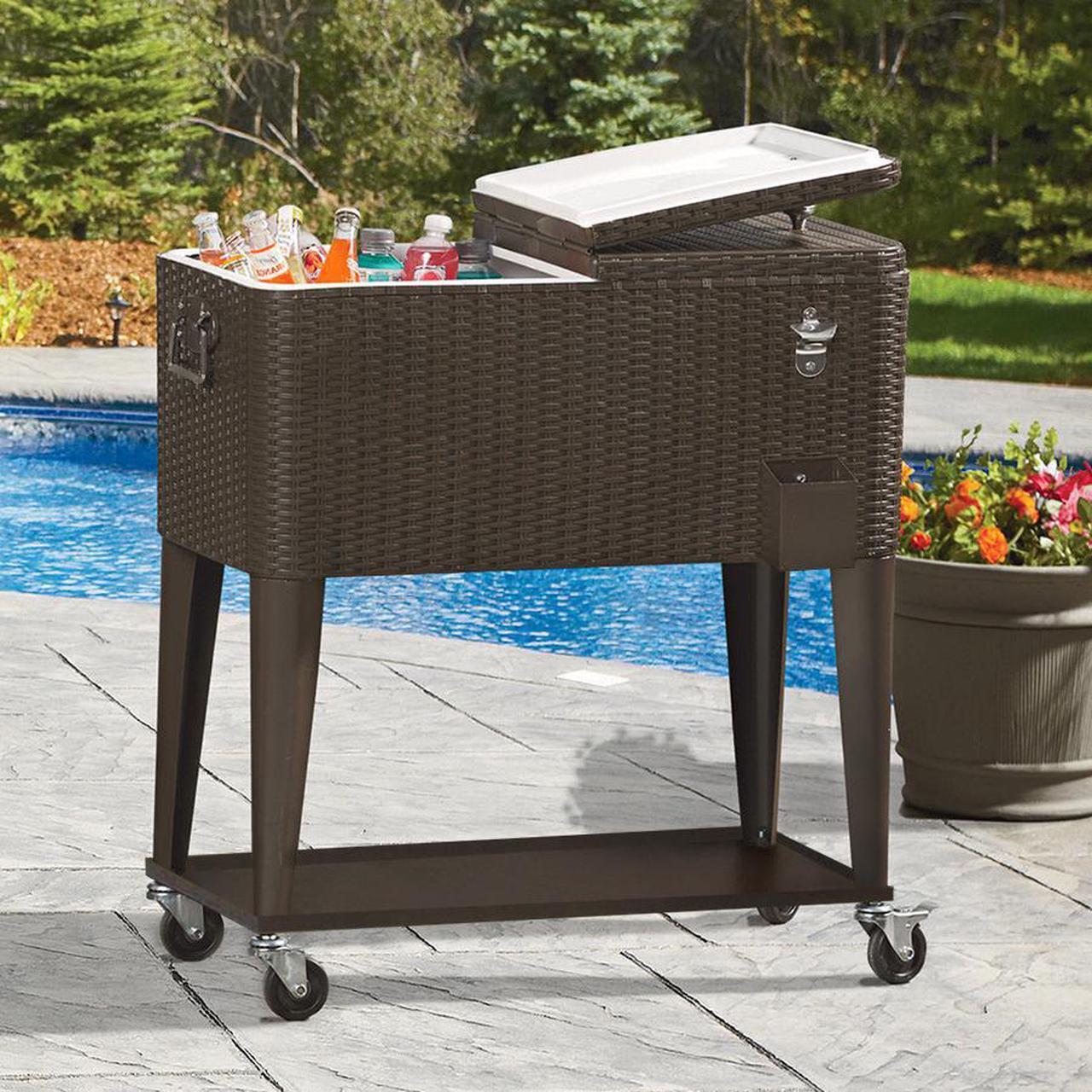 Alt view image 3 of 7 - Outdoor Patio Rolling Cooler Cart 80 Qt Wicker Ice Chest Beverage Brown Rattan