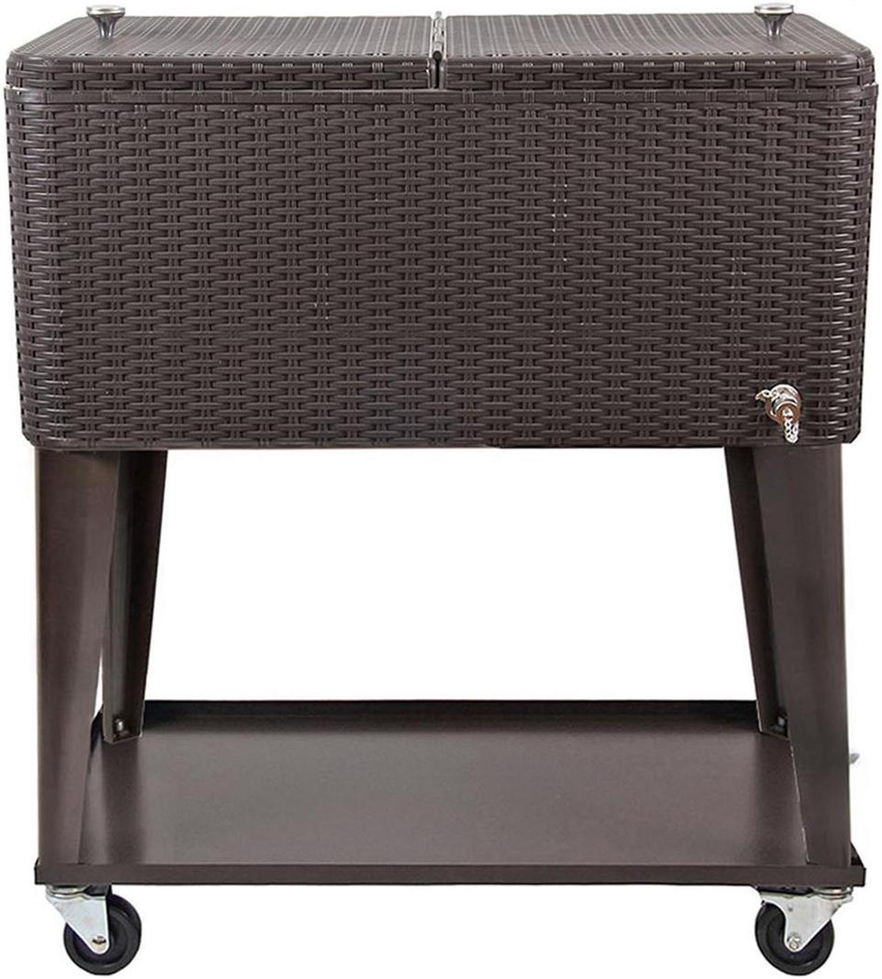 Alt view image 7 of 7 - Outdoor Patio Rolling Cooler Cart 80 Qt Wicker Ice Chest Beverage Brown Rattan