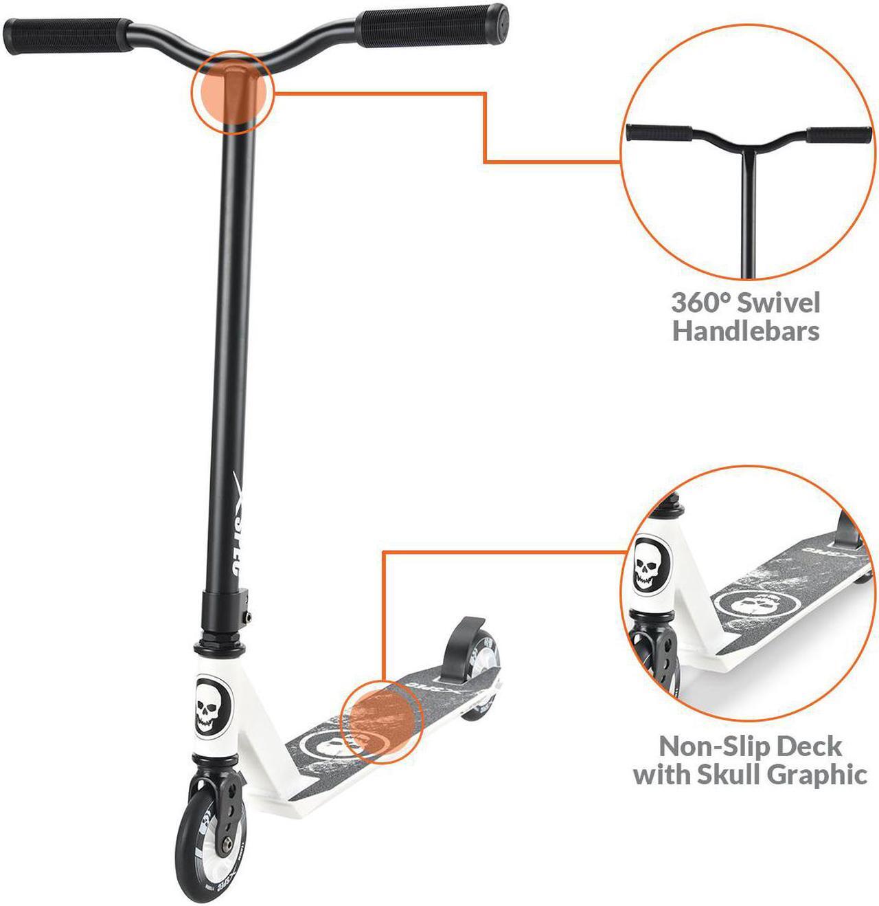 Main image of Xspec Pro Stunt Kick Scooter w/ Strong Aluminum Deck, White & Black w/ Skulls