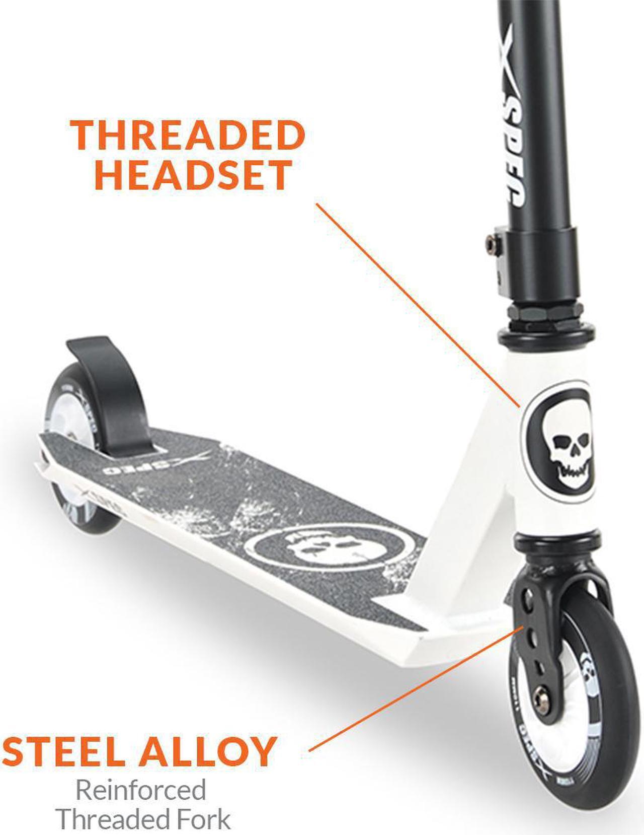 Alt view image 5 of 7 - Xspec Pro Stunt Kick Scooter w/ Strong Aluminum Deck, White & Black w/ Skulls